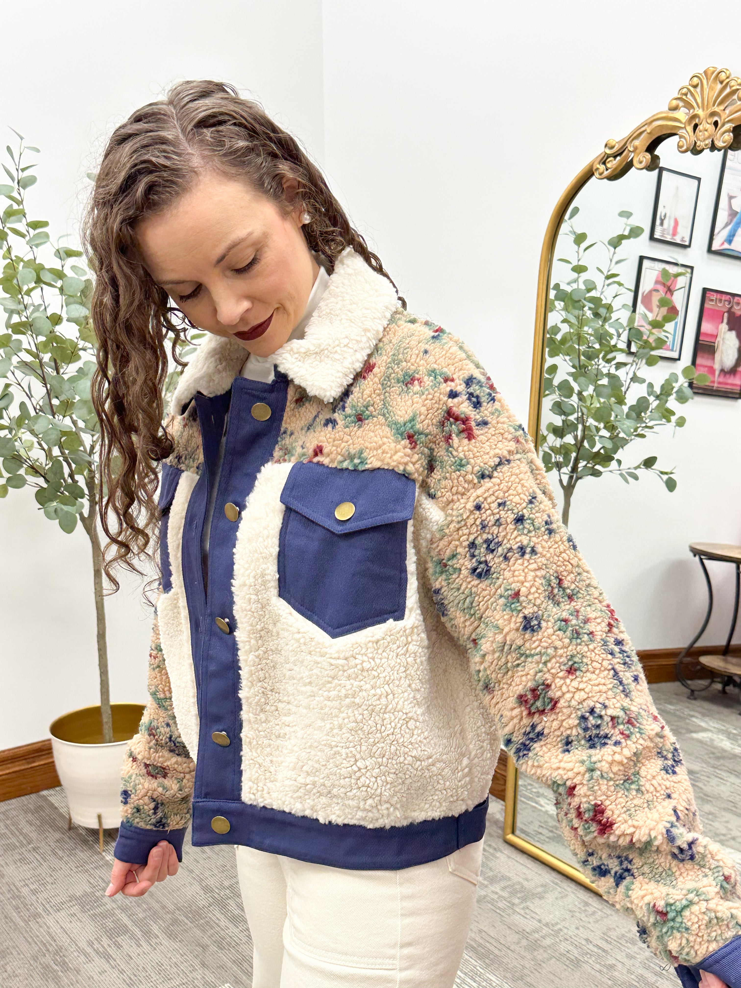 Floral Sherpa Button Up Bomber Jacket