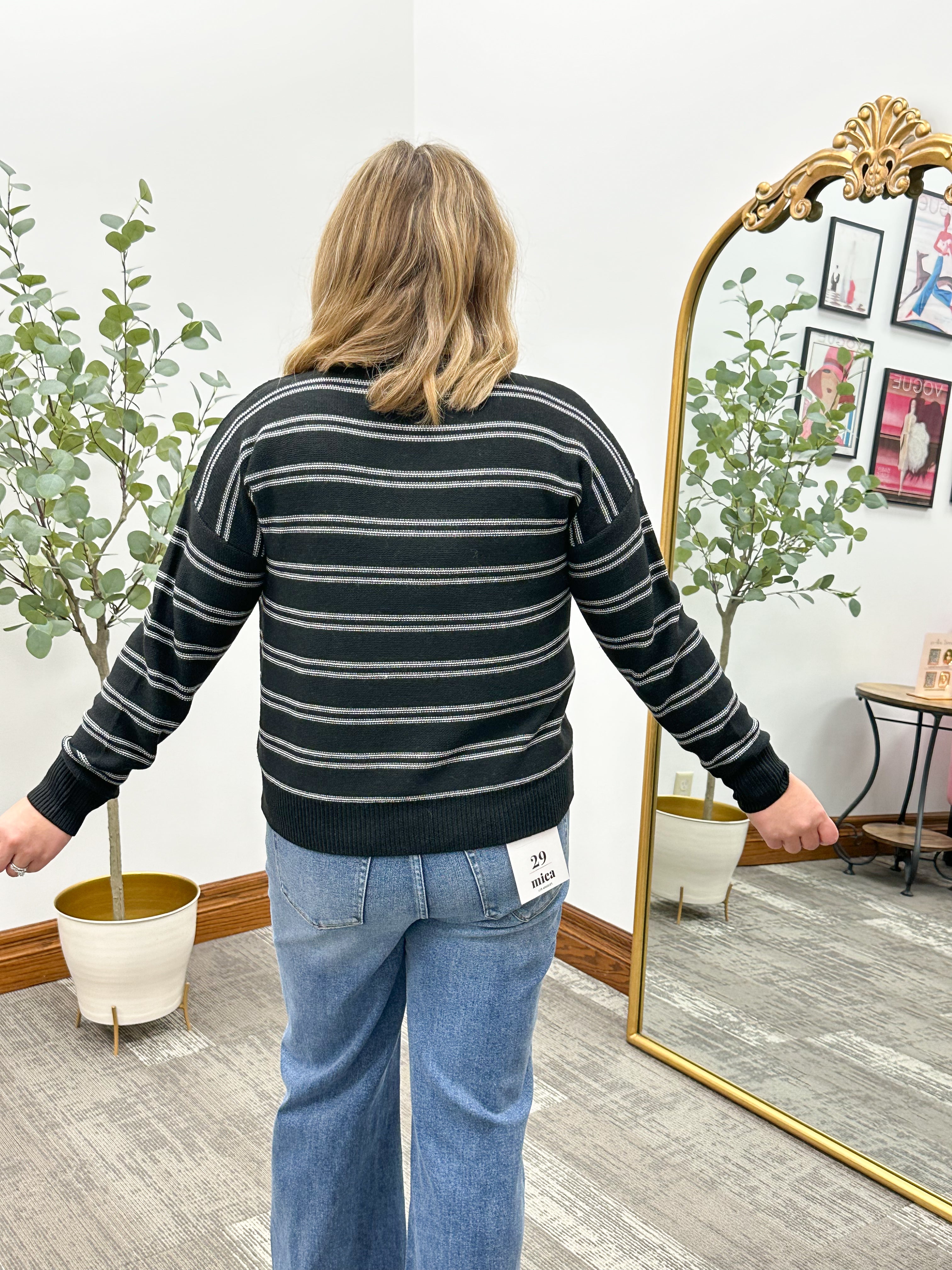 Black & White Striped Mock Neck Sweater
