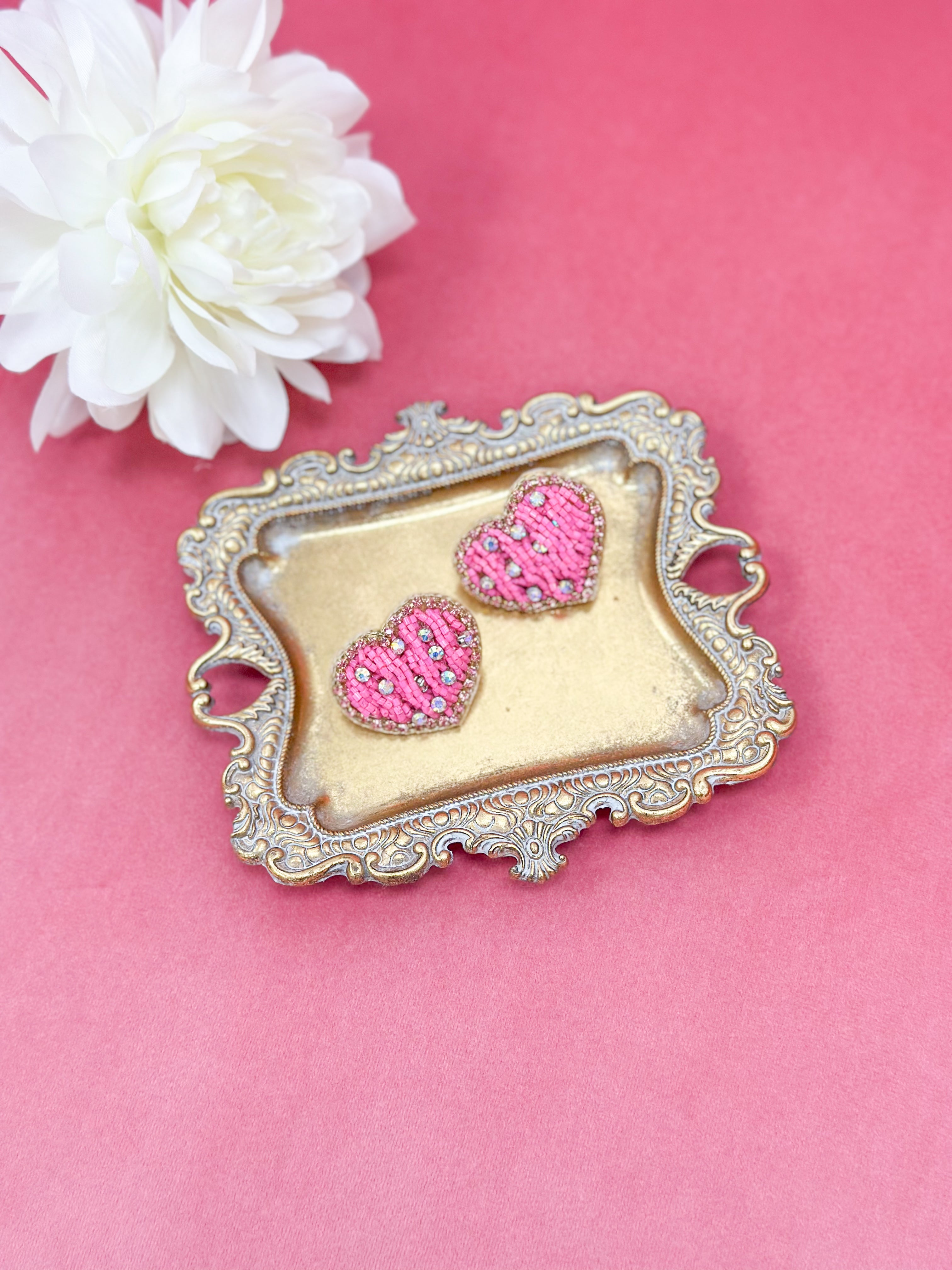 Pink Beaded Heart Earrings W/ Rhinestones