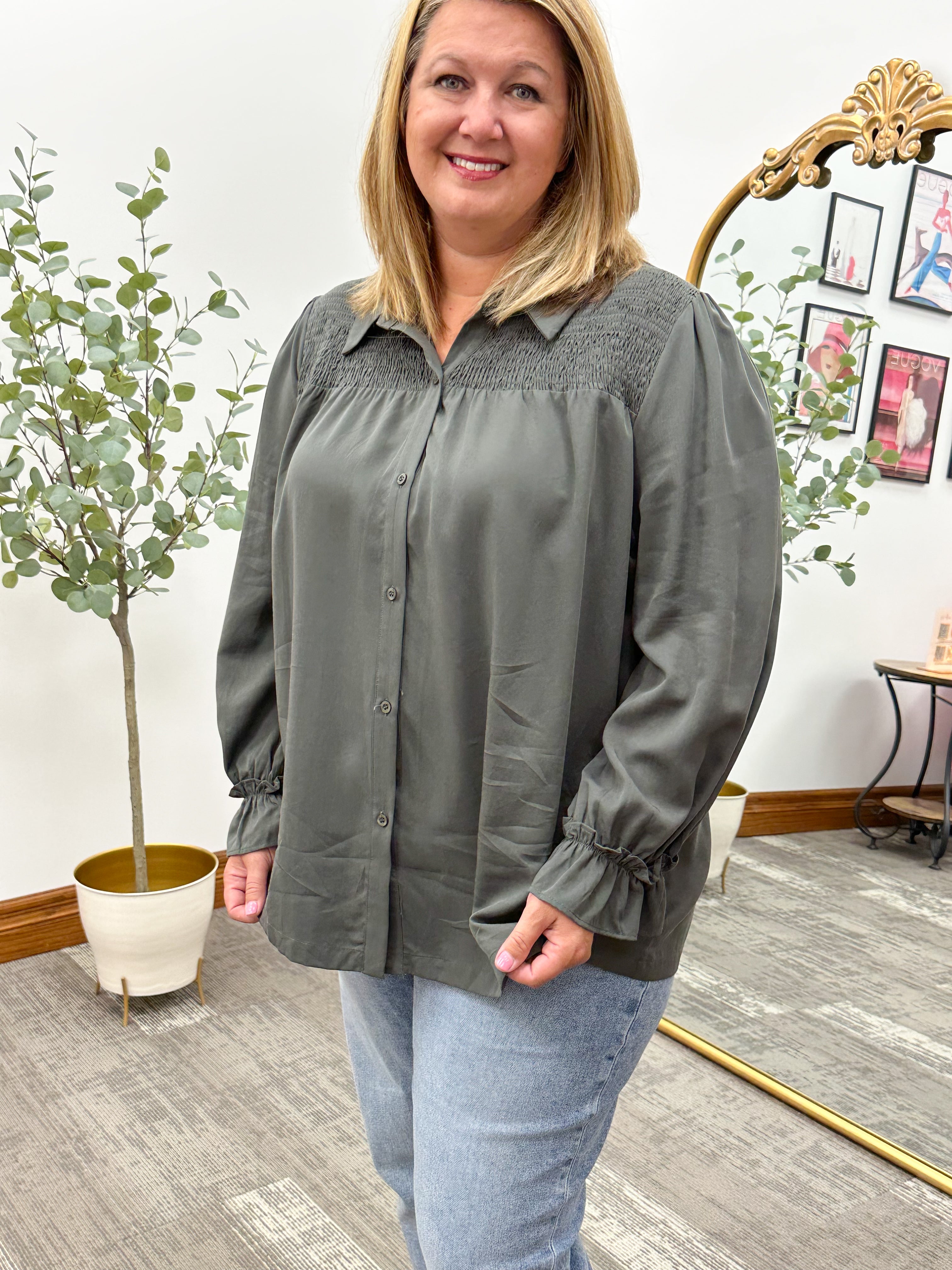 Plus Size Smocked Button Up Tencel Top