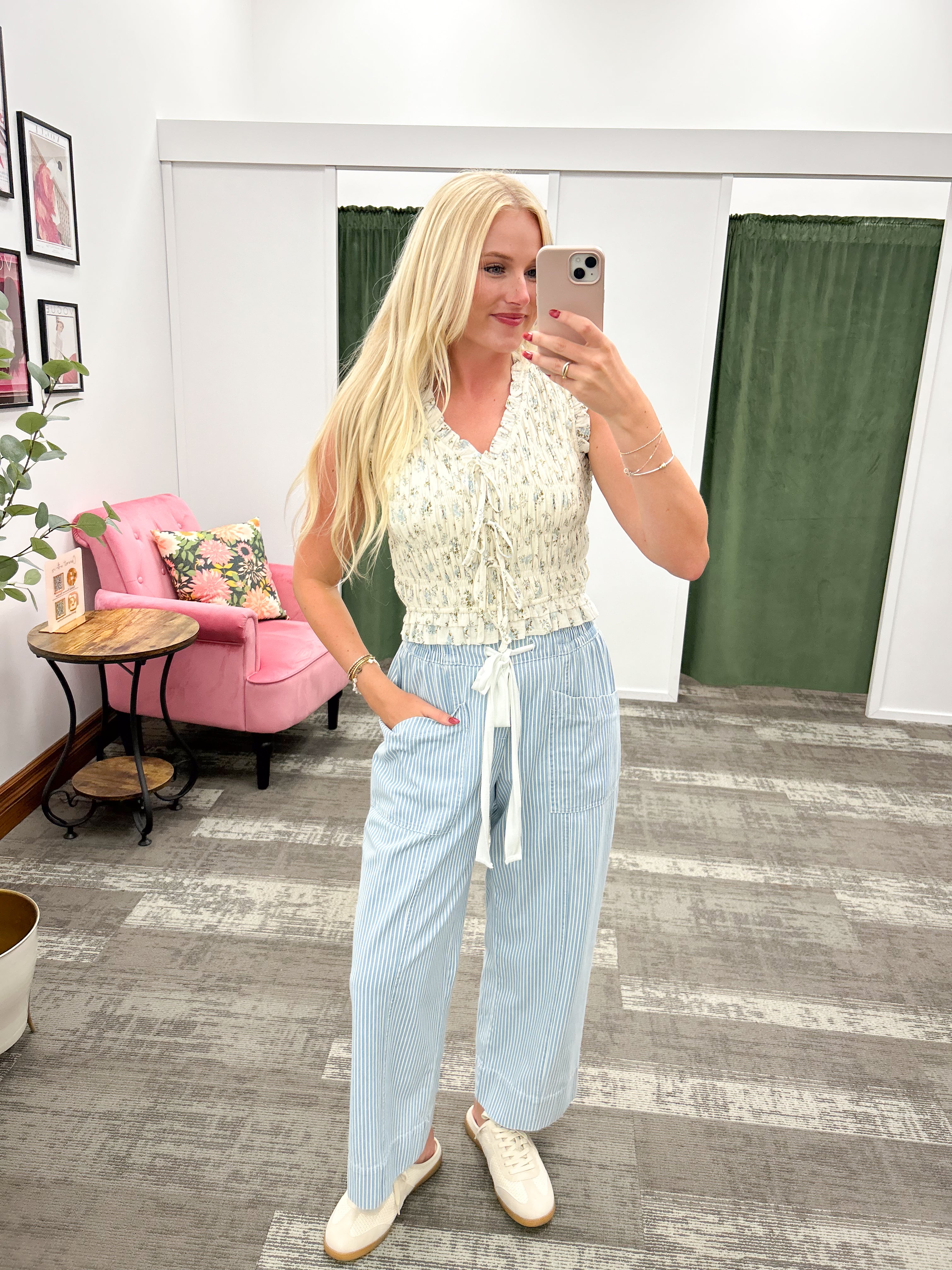 Blue Floral Smocked Tie Front Top