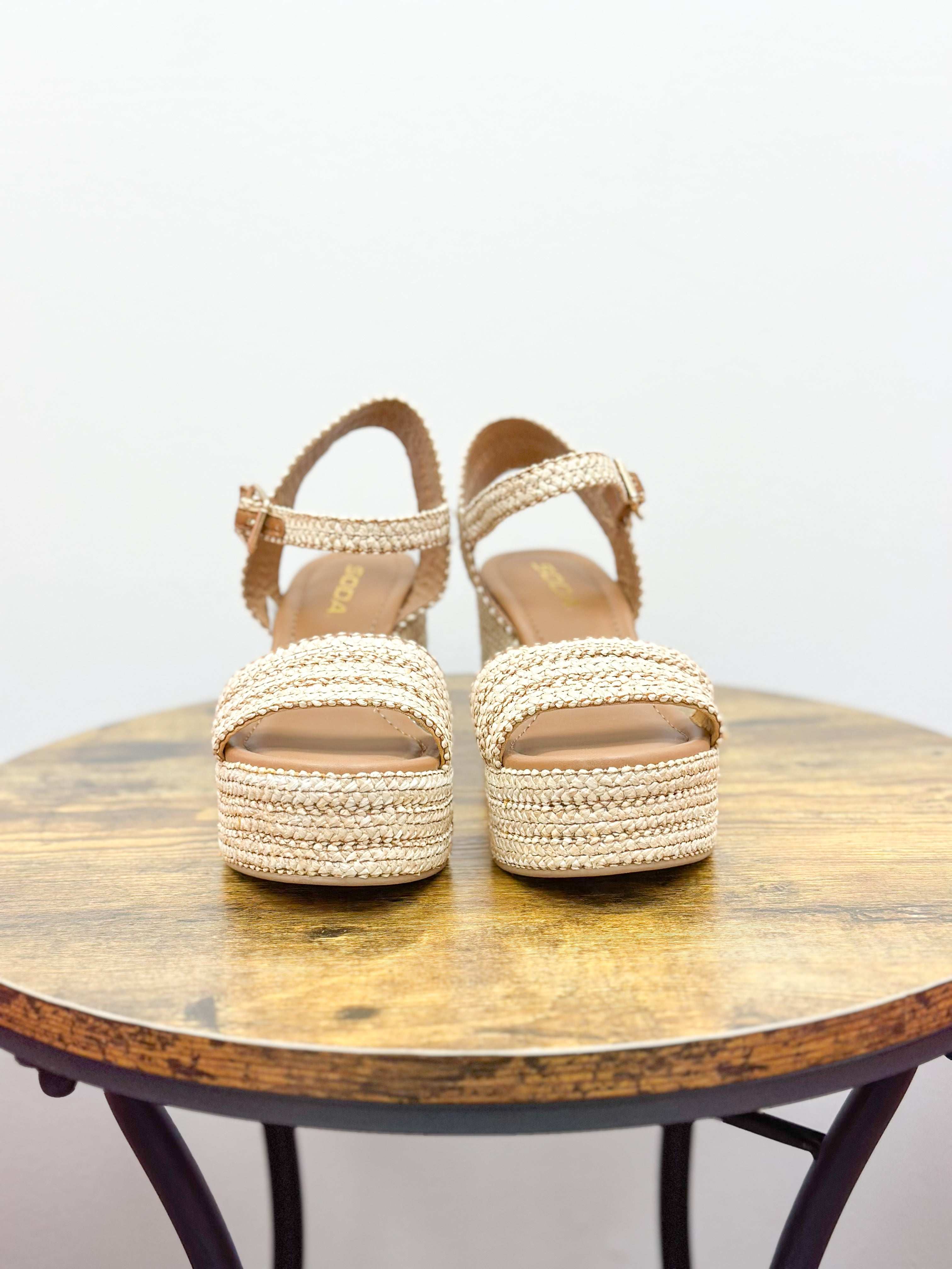 Beige Raffia Block Heel Sandals