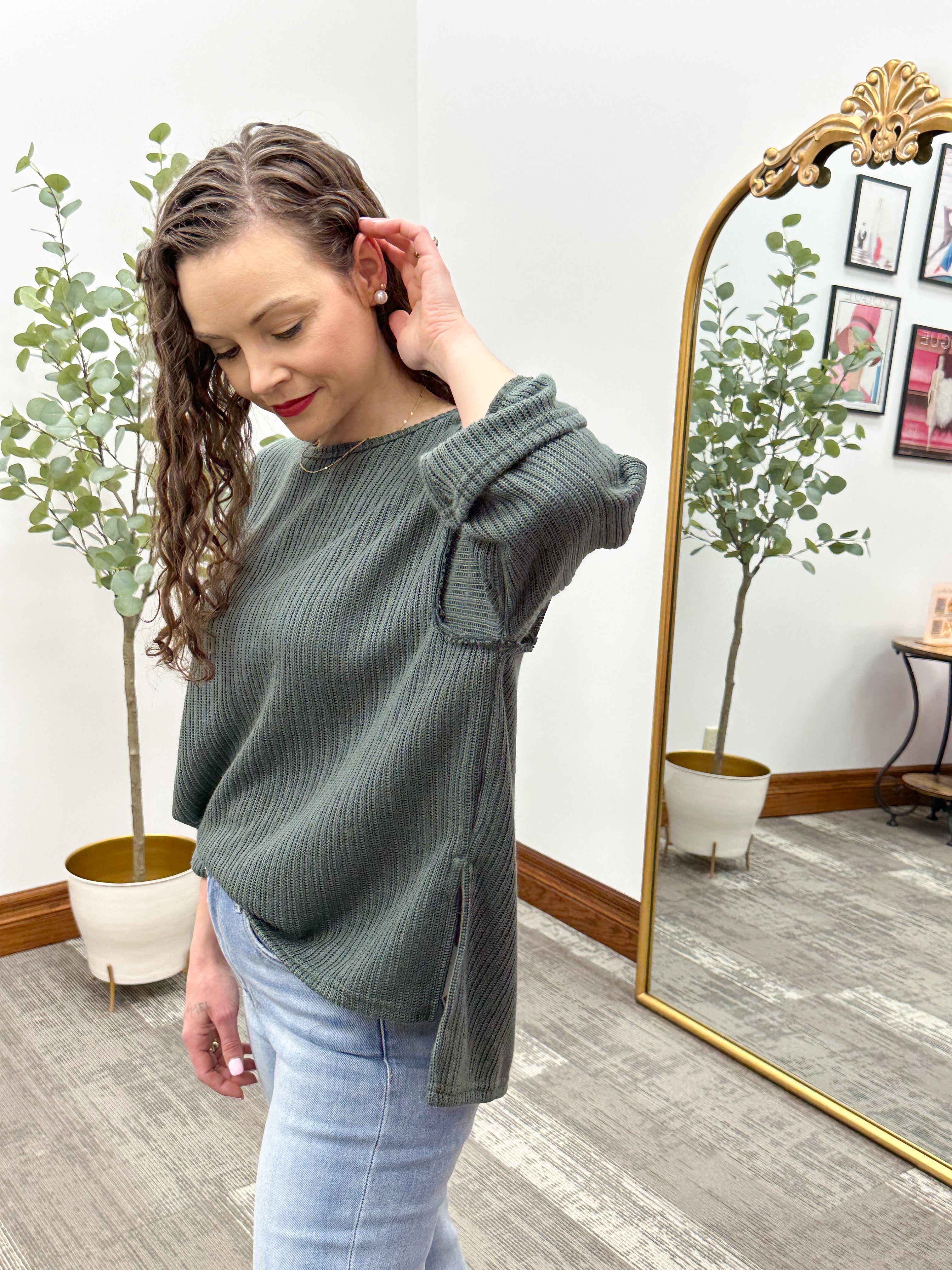 Oversized 3/4 Sleeve Dark Teal Knit Top