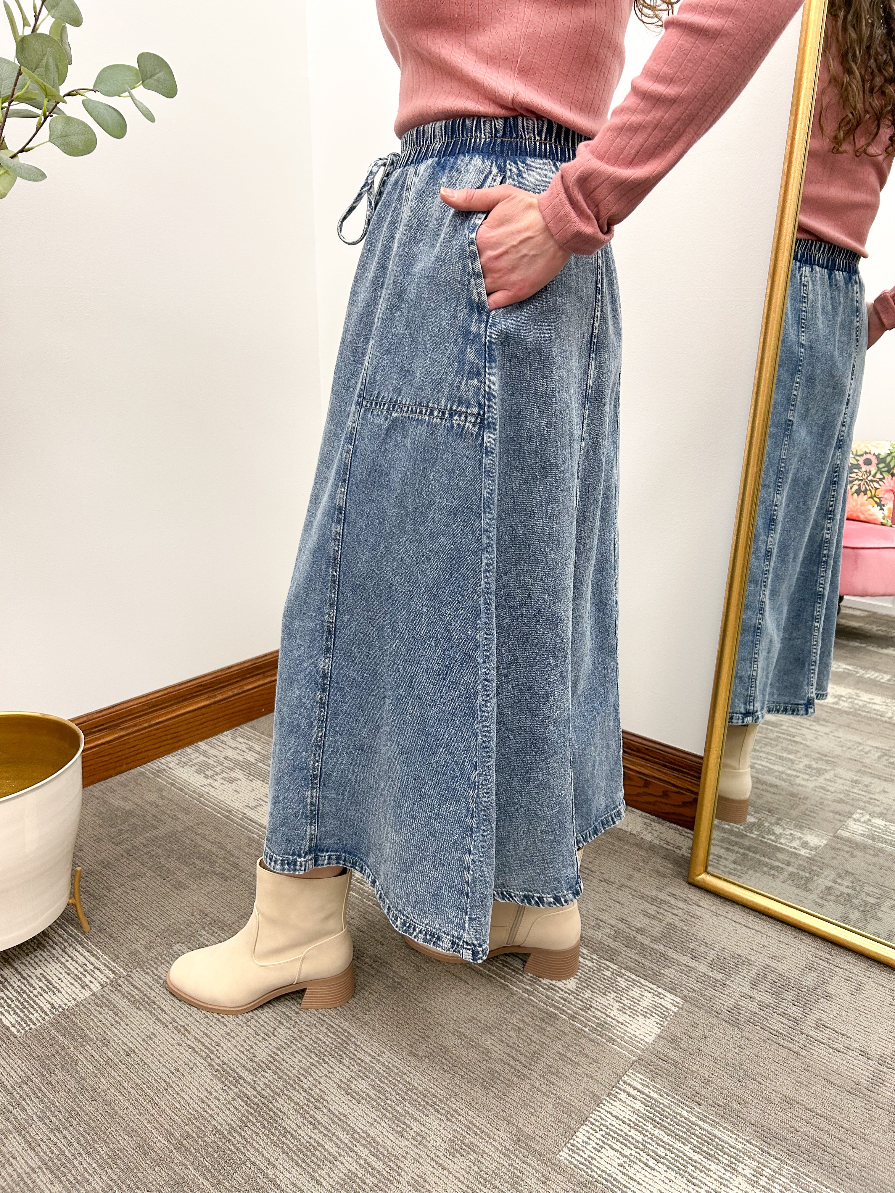 Mineral Wash Flowy Denim Midi Skirt