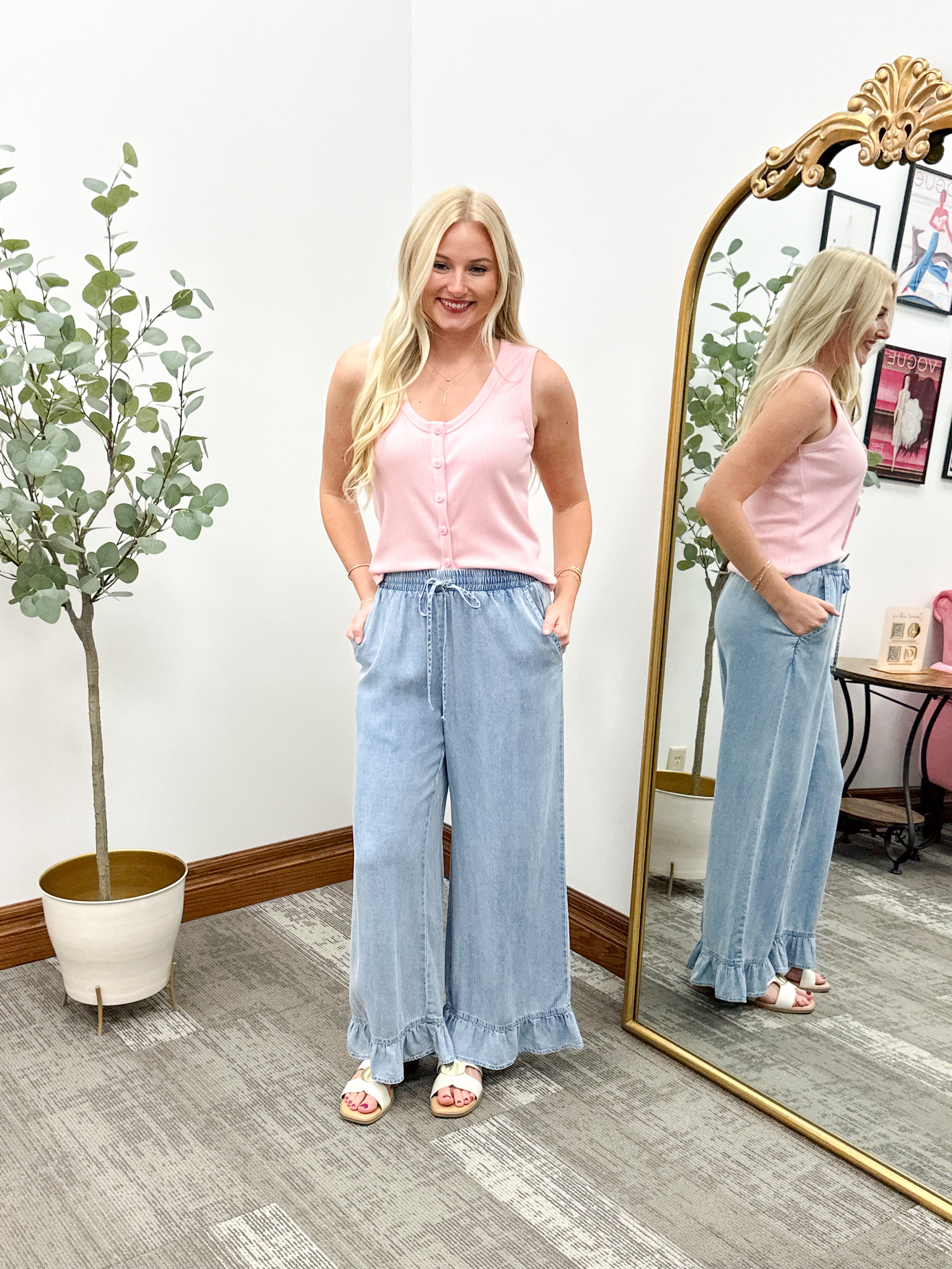 Light Wash Tencel Denim Ruffle Hem Pants
