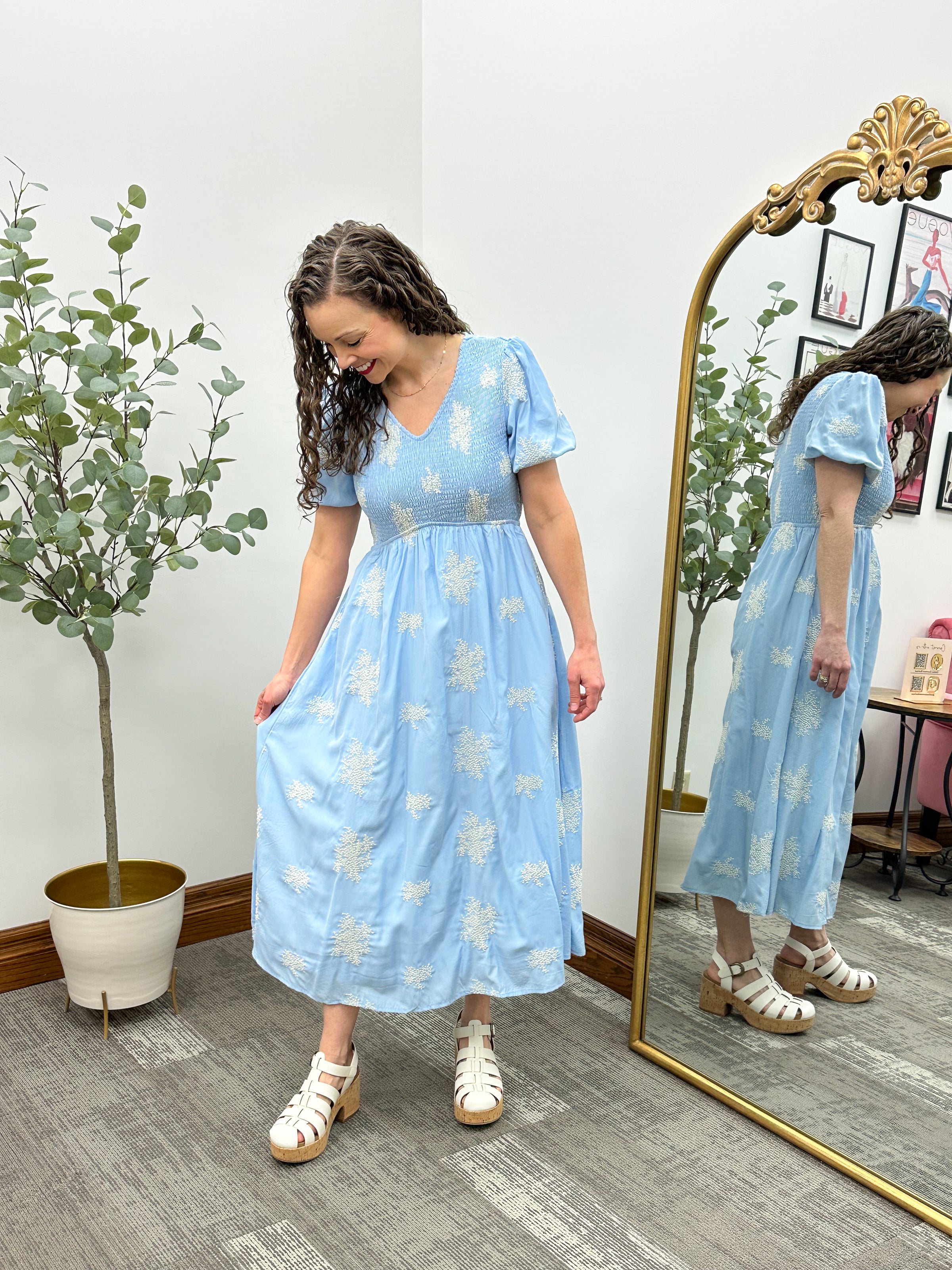 Sky Blue Floral Embroidered Midi Dress