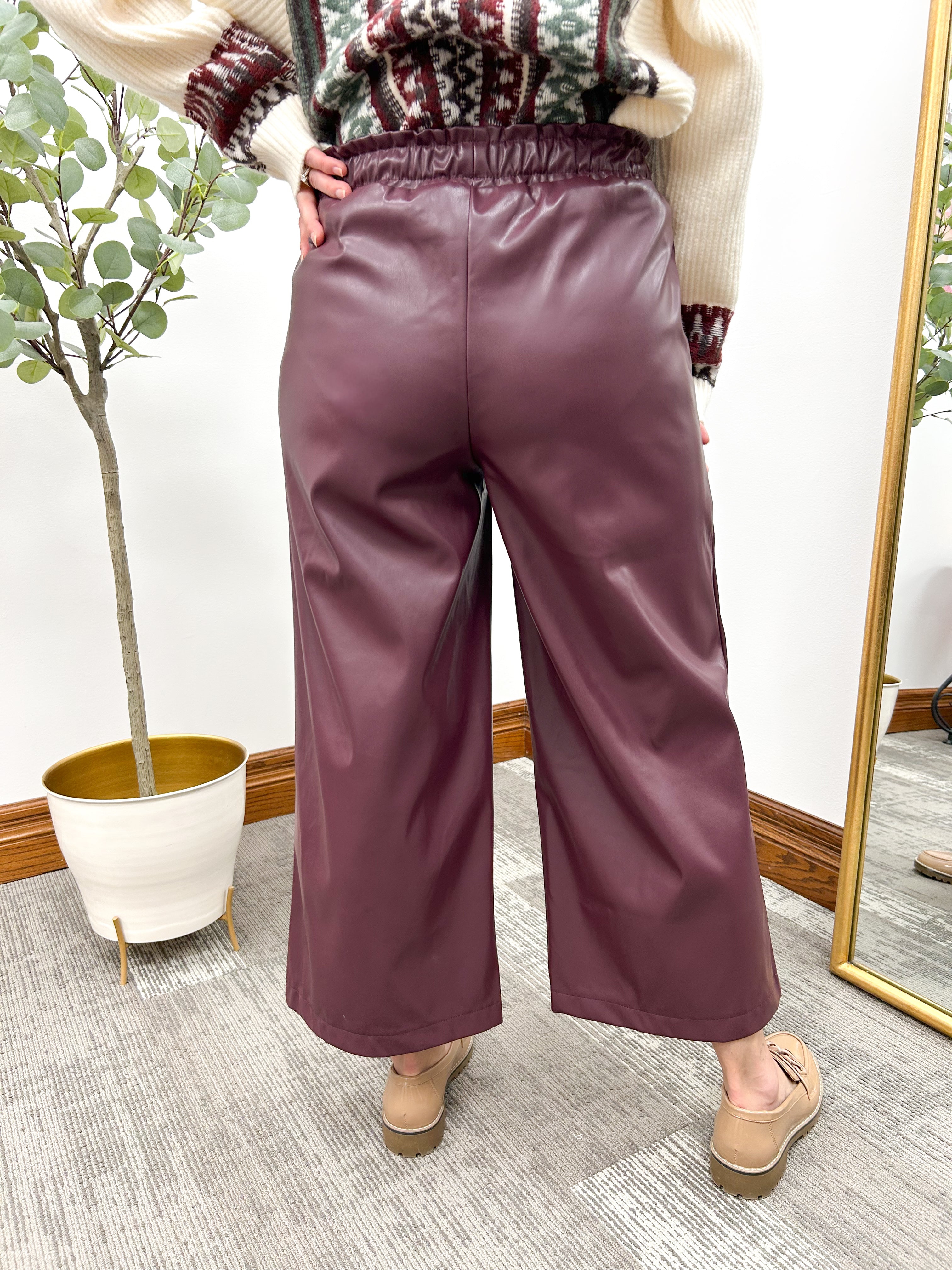 Maroon Wide Leg Faux Leather Culotte Pants