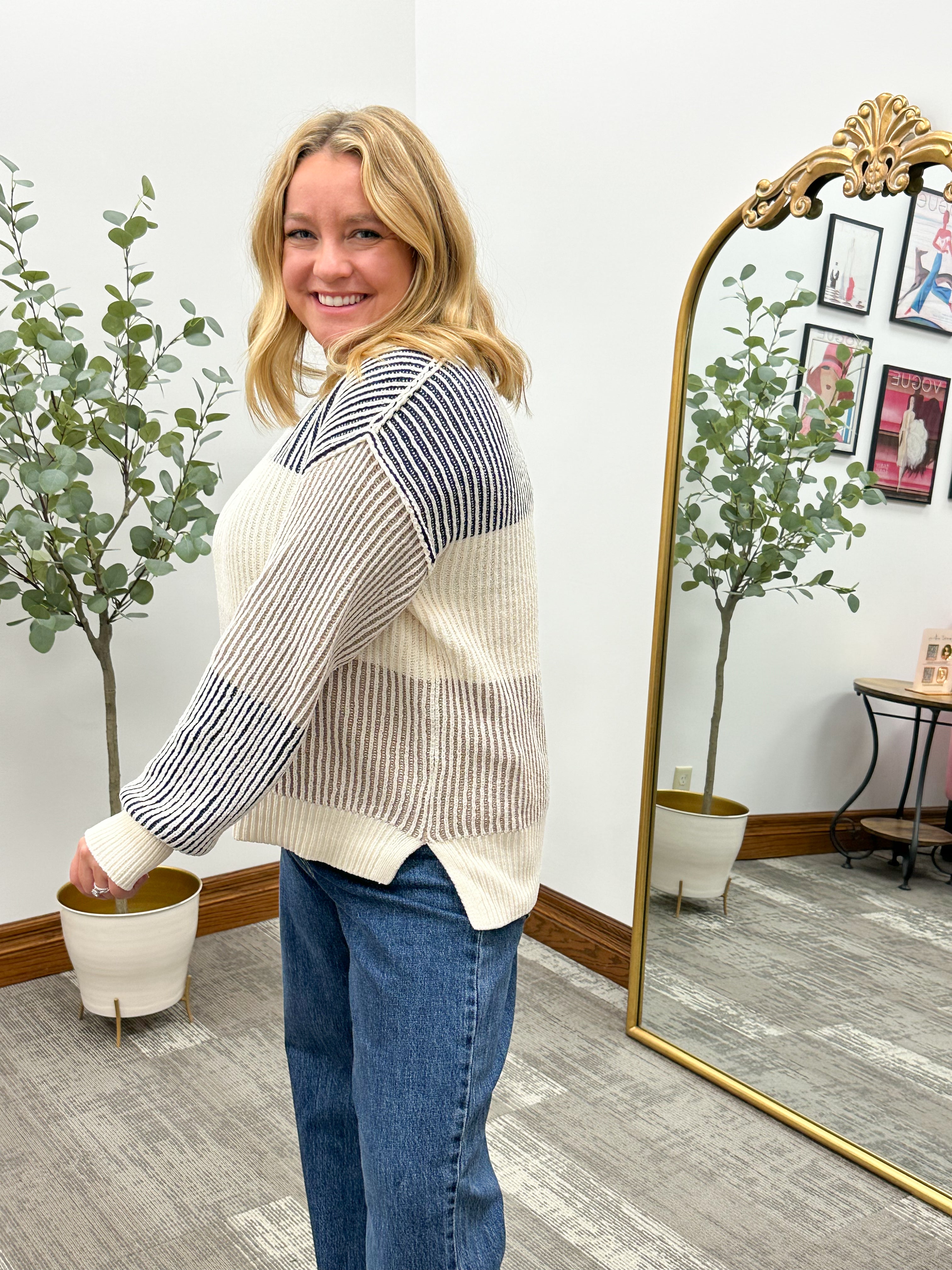 Neutral Color Block Ribbed Sweater