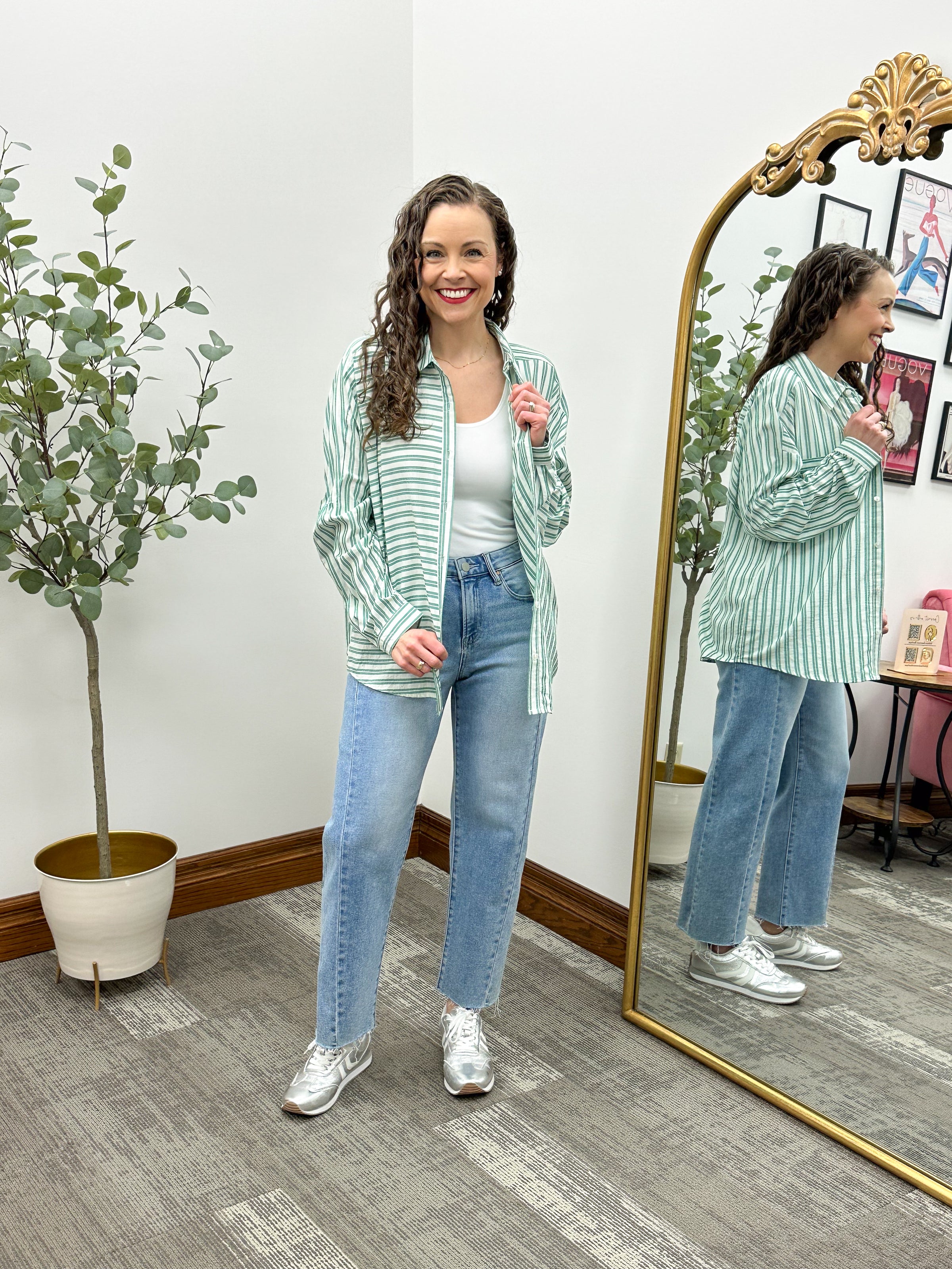 Green Striped Oversized Button Up Shirt