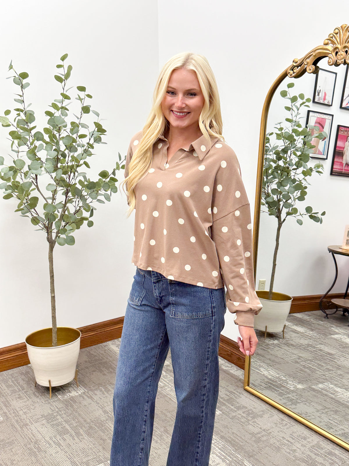 Taupe and cream polkadot long sleeve shirt