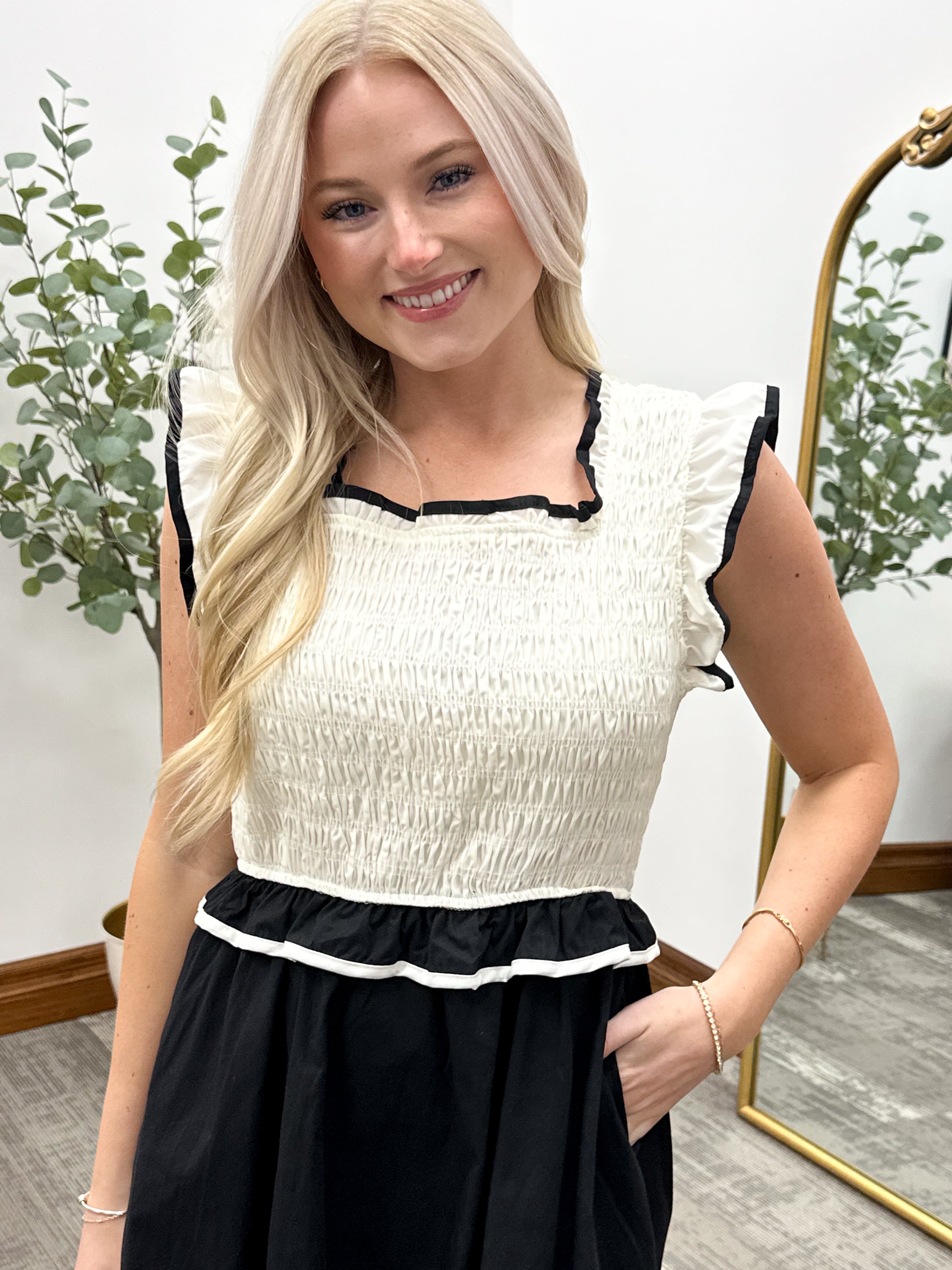 Black & Cream Smocked Midi Dress