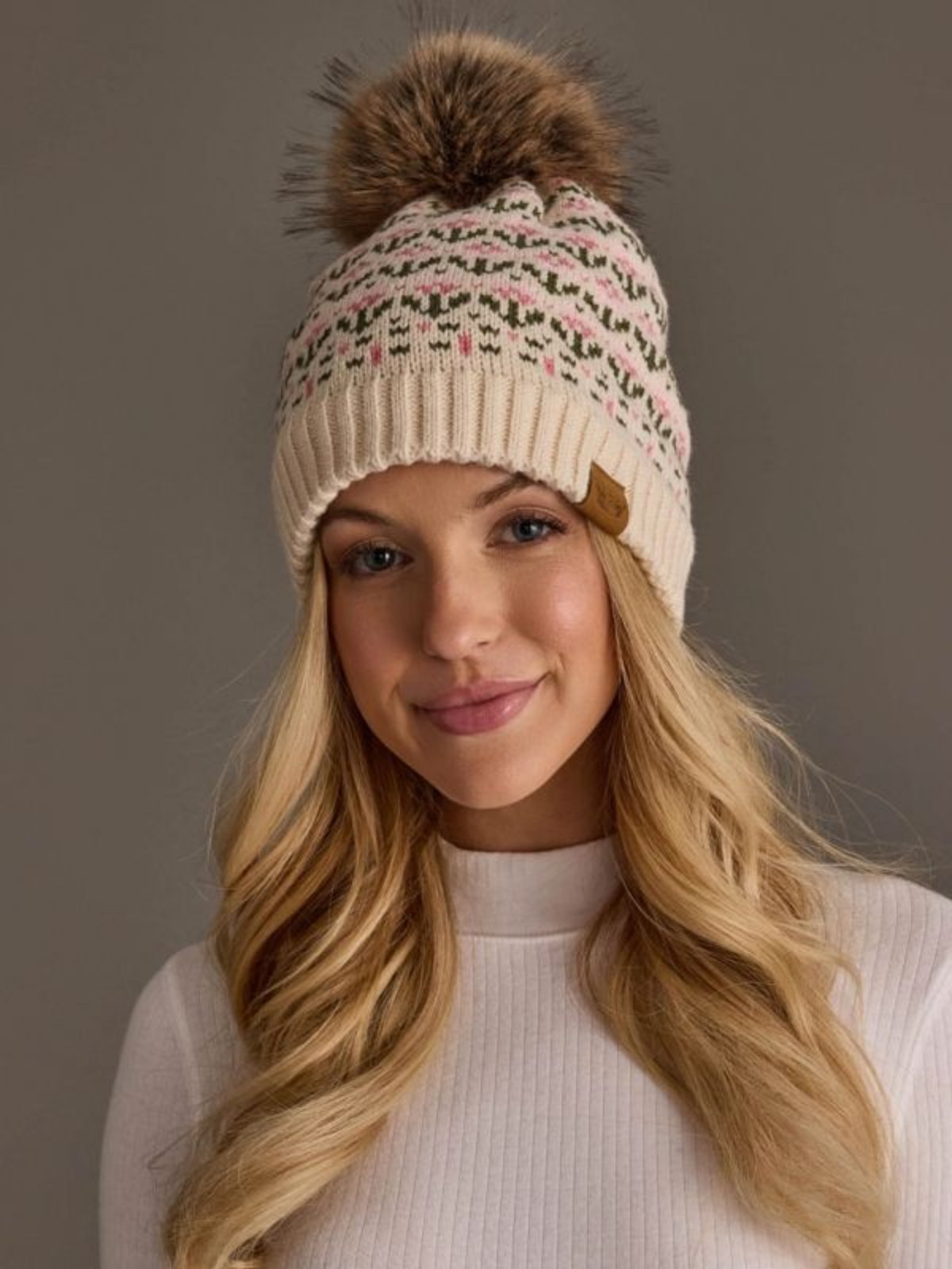 Cream & Pink Floral Patterned Pom Hat
