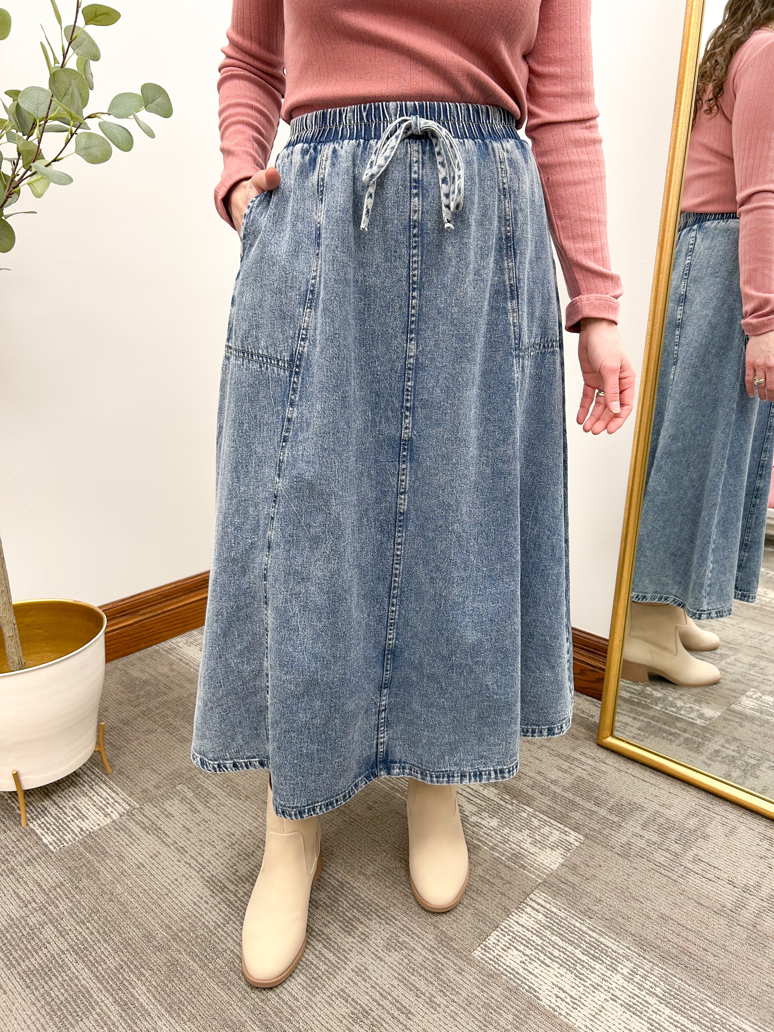 Mineral Wash Flowy Denim Midi Skirt