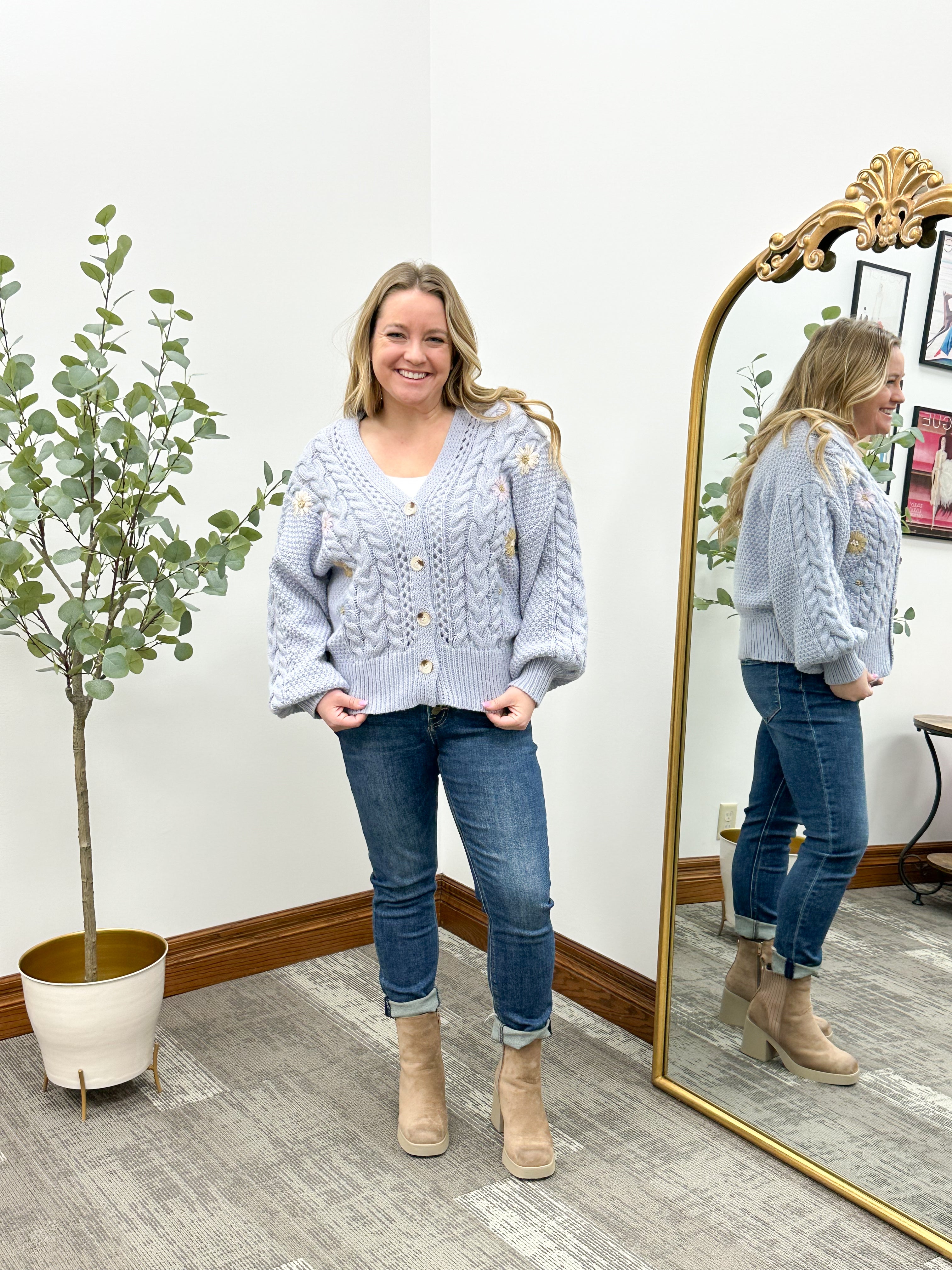 Lavender Floral Cable Knit Cardigan