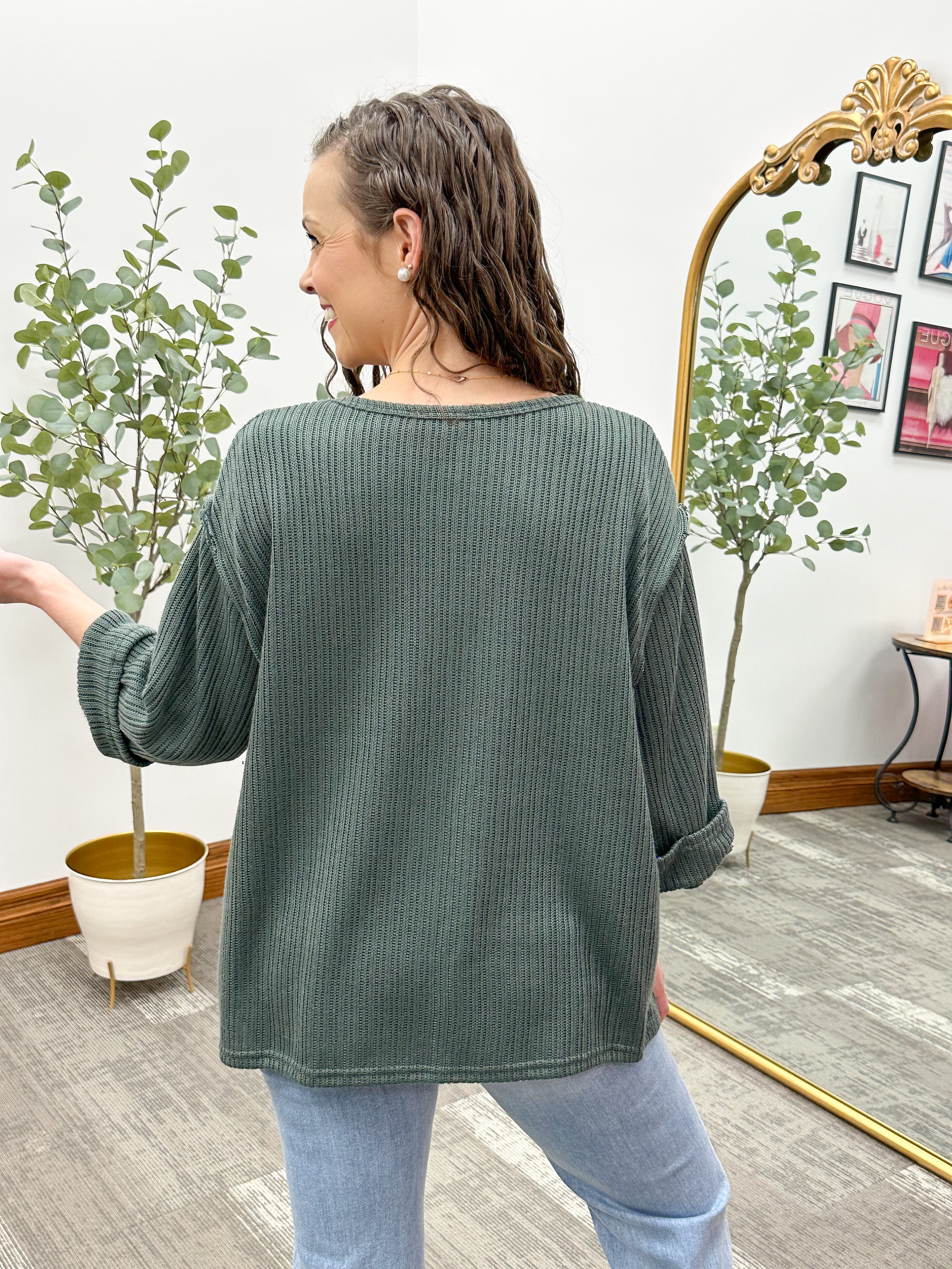 Oversized 3/4 Sleeve Dark Teal Knit Top