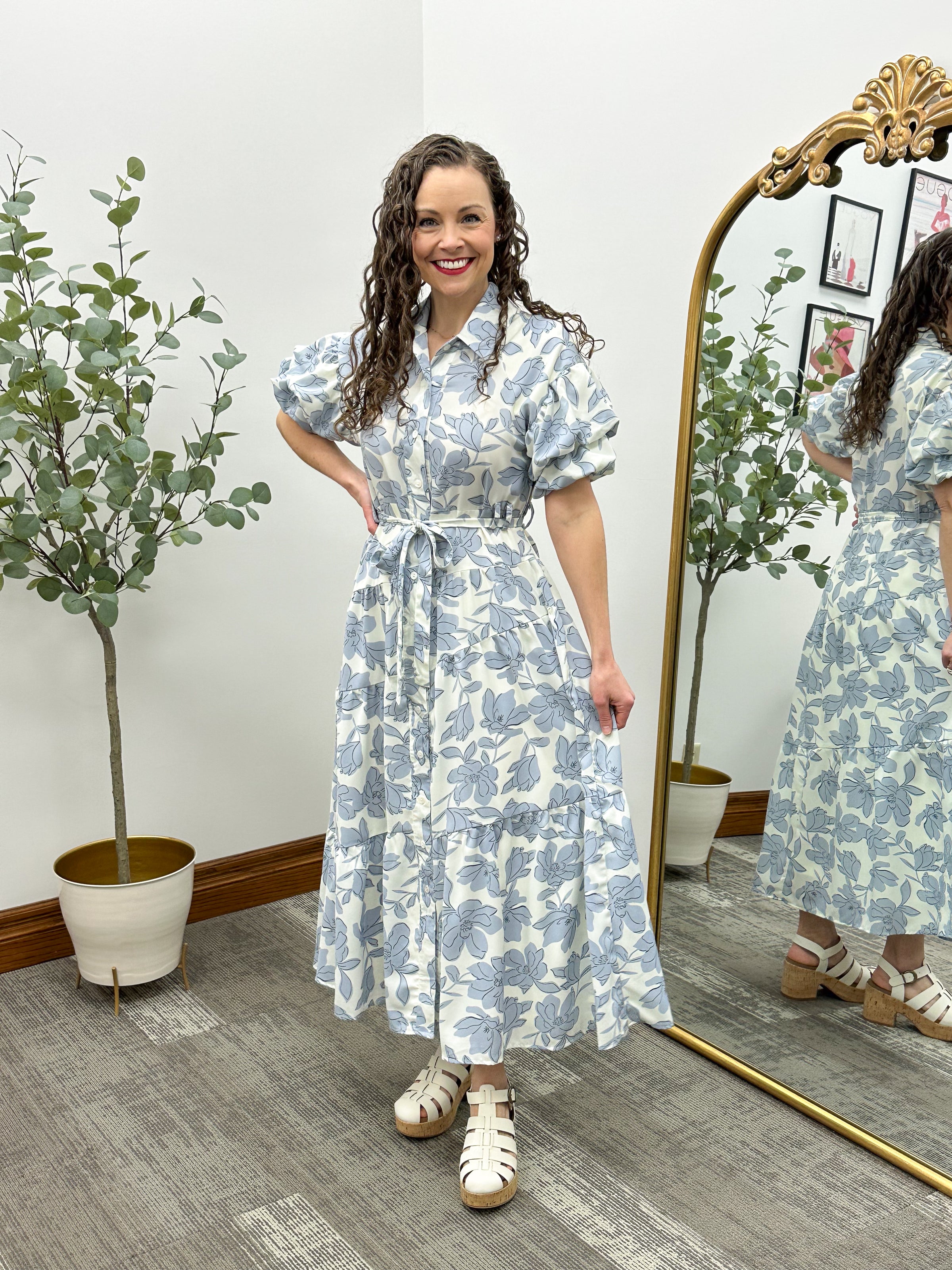 Cream & Blue Floral Maxi Dress