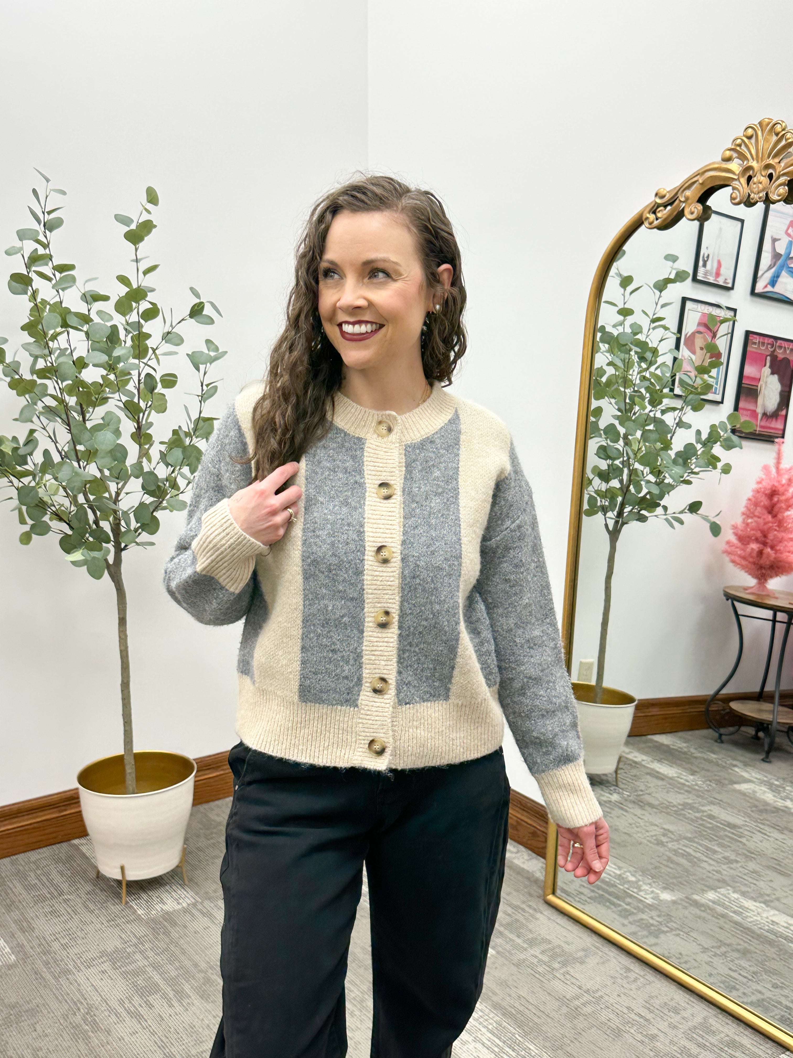 Beige & Gray Vertical Striped Cardigan