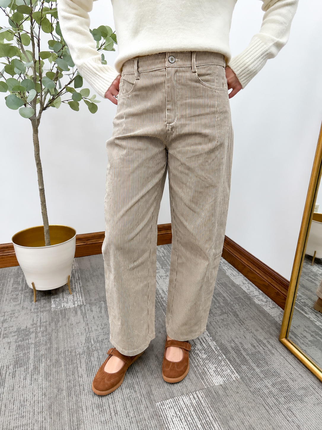 Brown & Cream Striped Barrel Pants