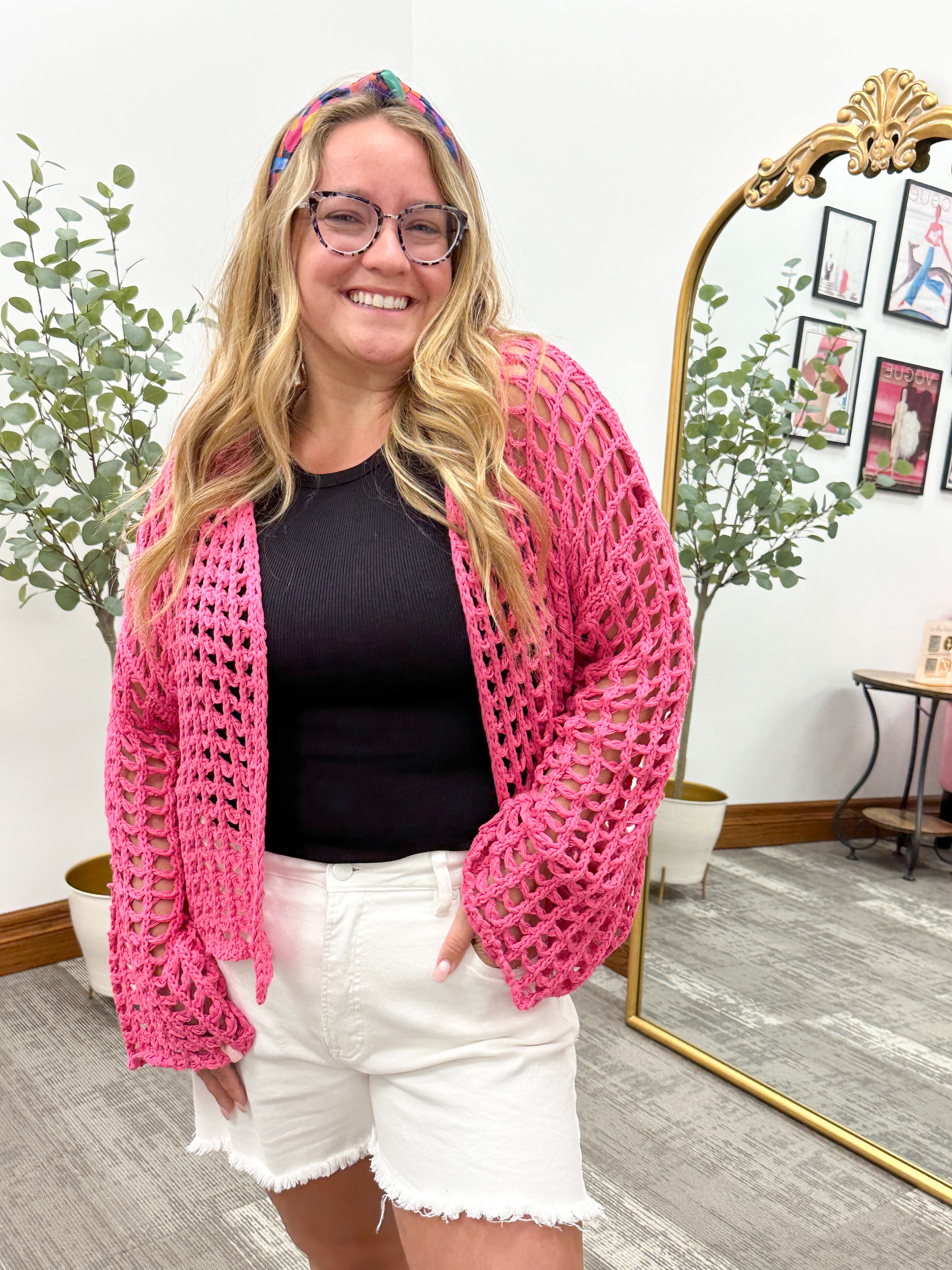 Pink Open Knit Cropped Cardigan