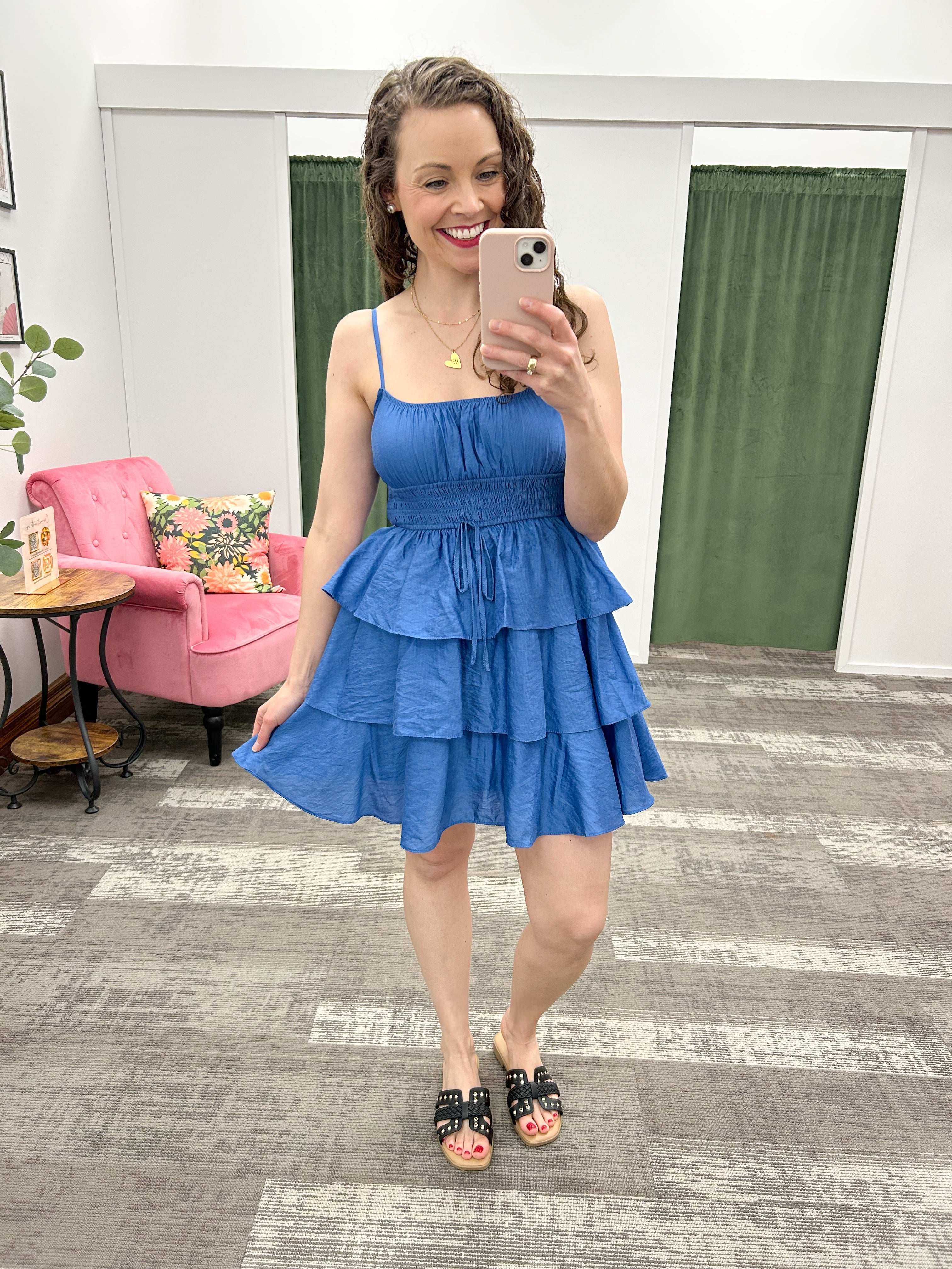 Blue Ruffle Spaghetti Strap Mini Dress