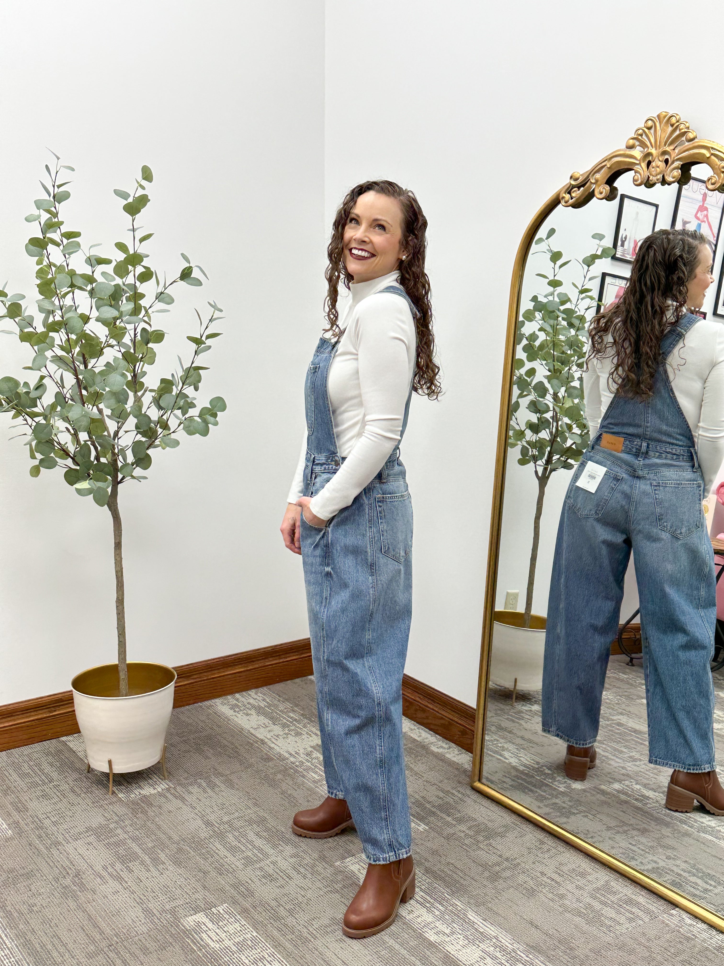 Medium Wash Denim Barrel Overalls