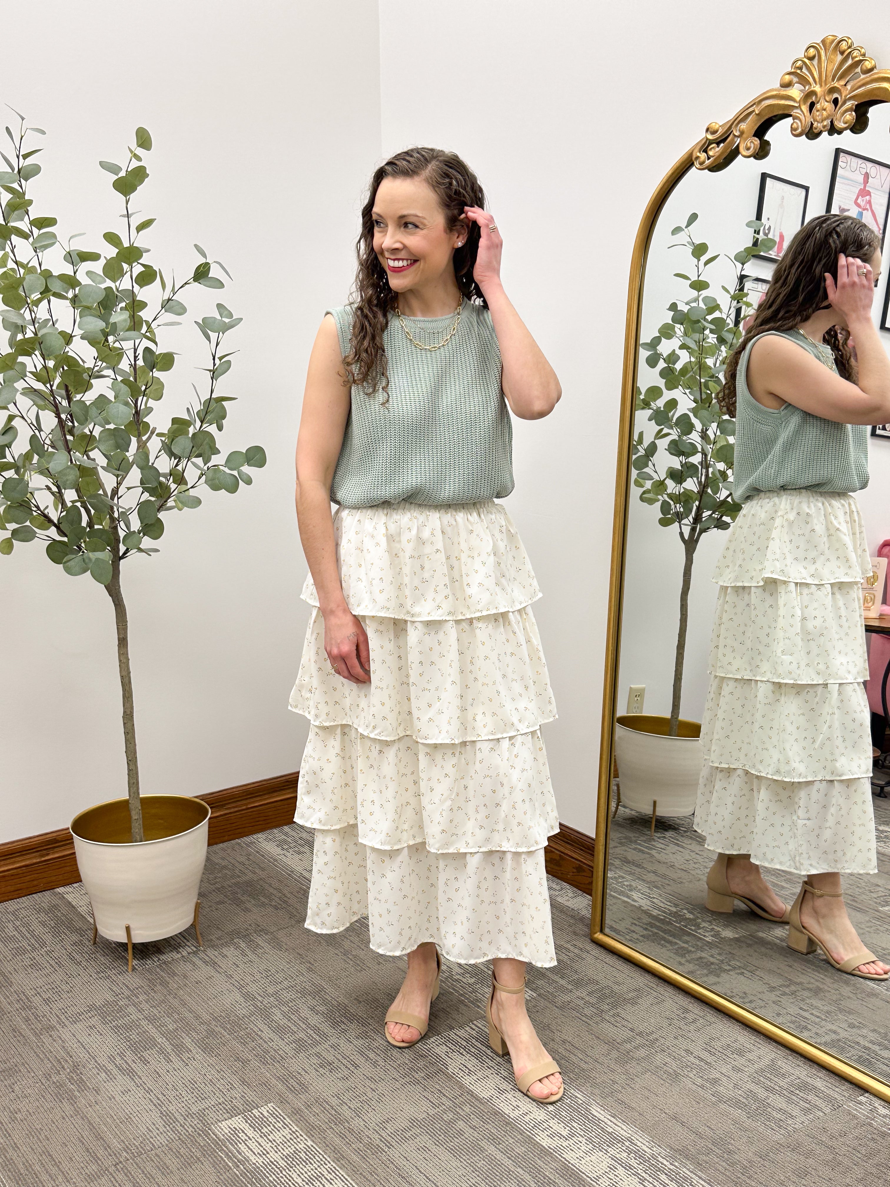 Ditsy Floral Tiered Ruffle Midi Skirt