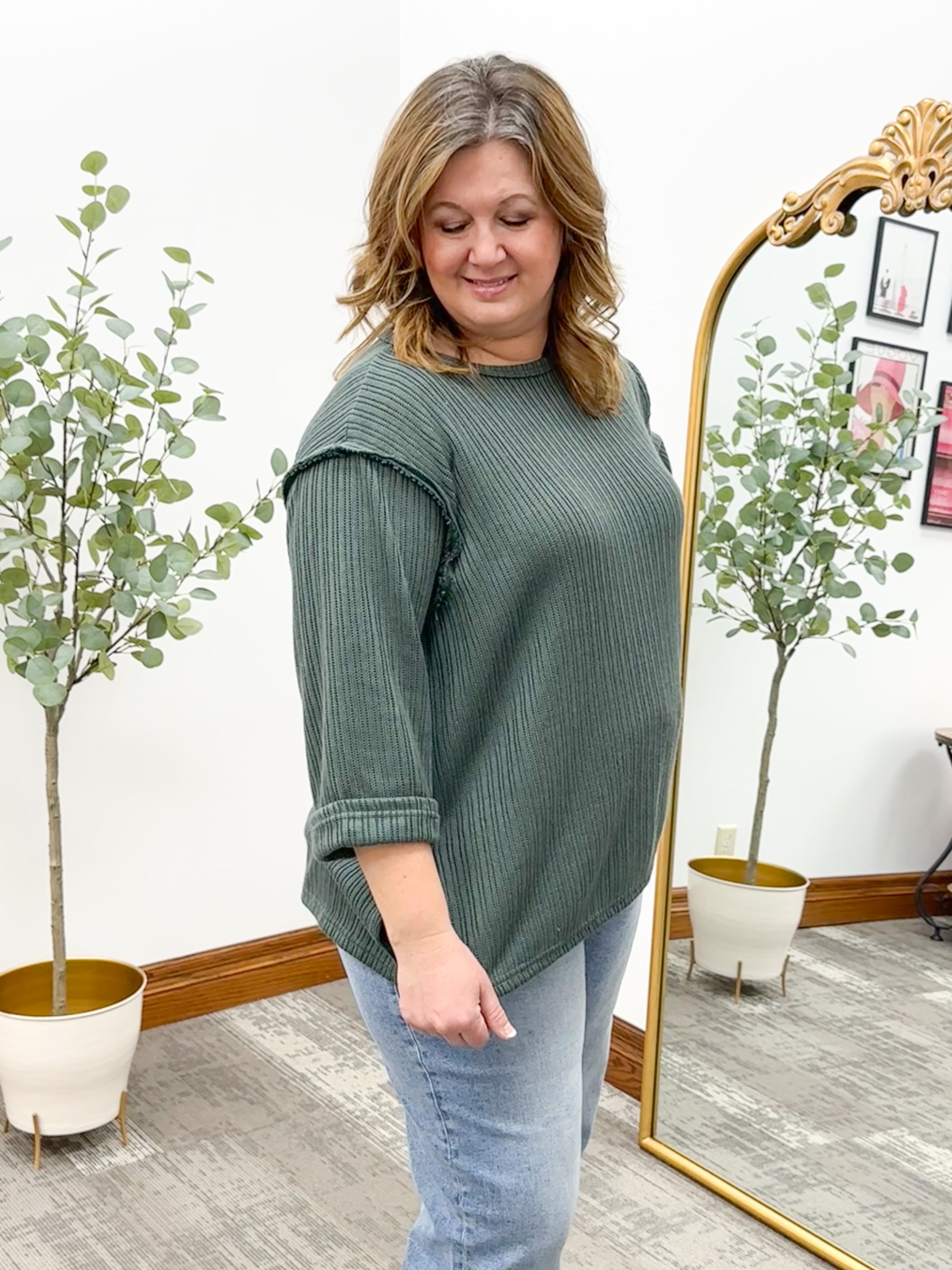 Oversized 3/4 Sleeve Dark Teal Knit Top