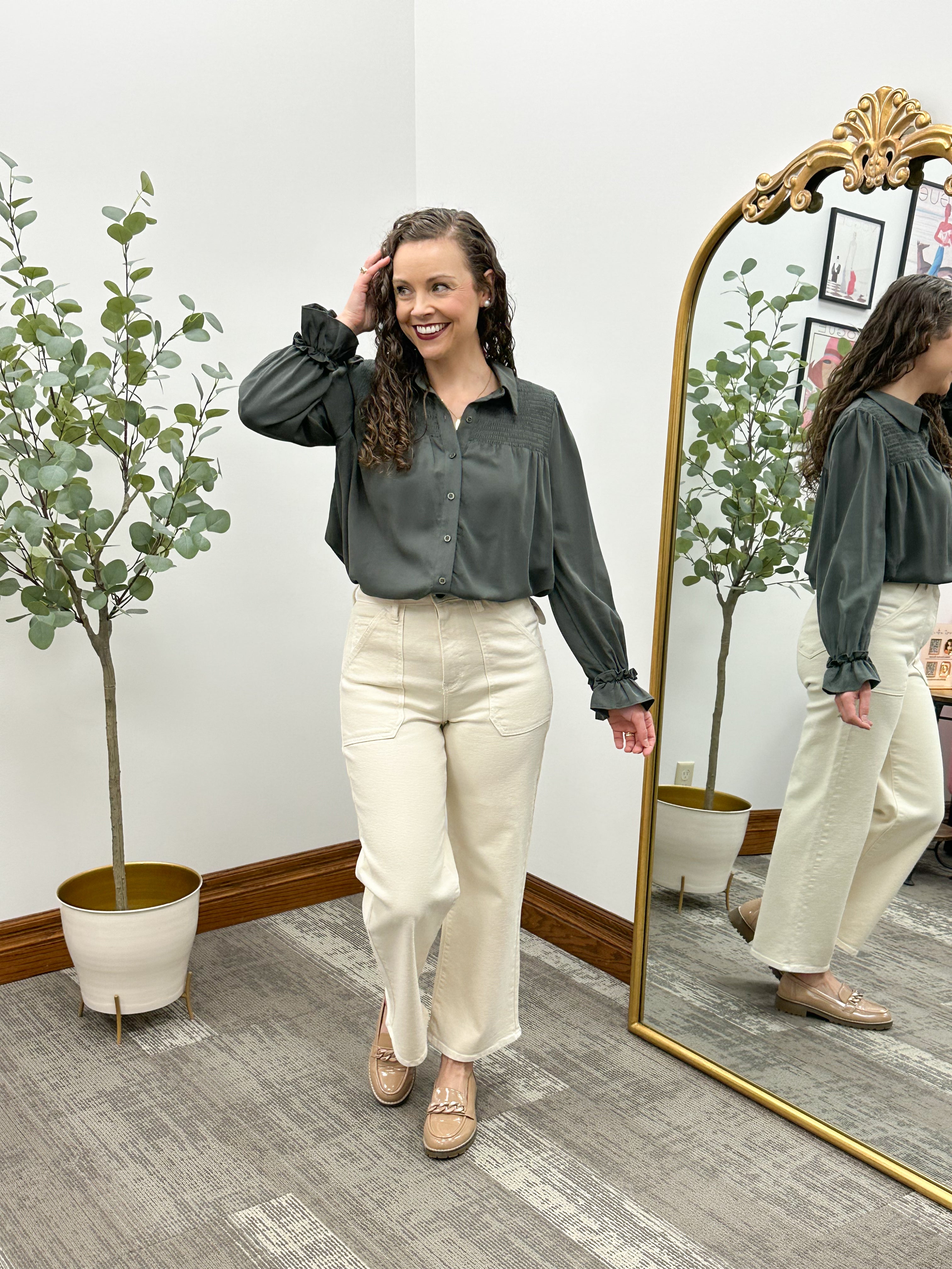 Smocked Button Up Tencel Top