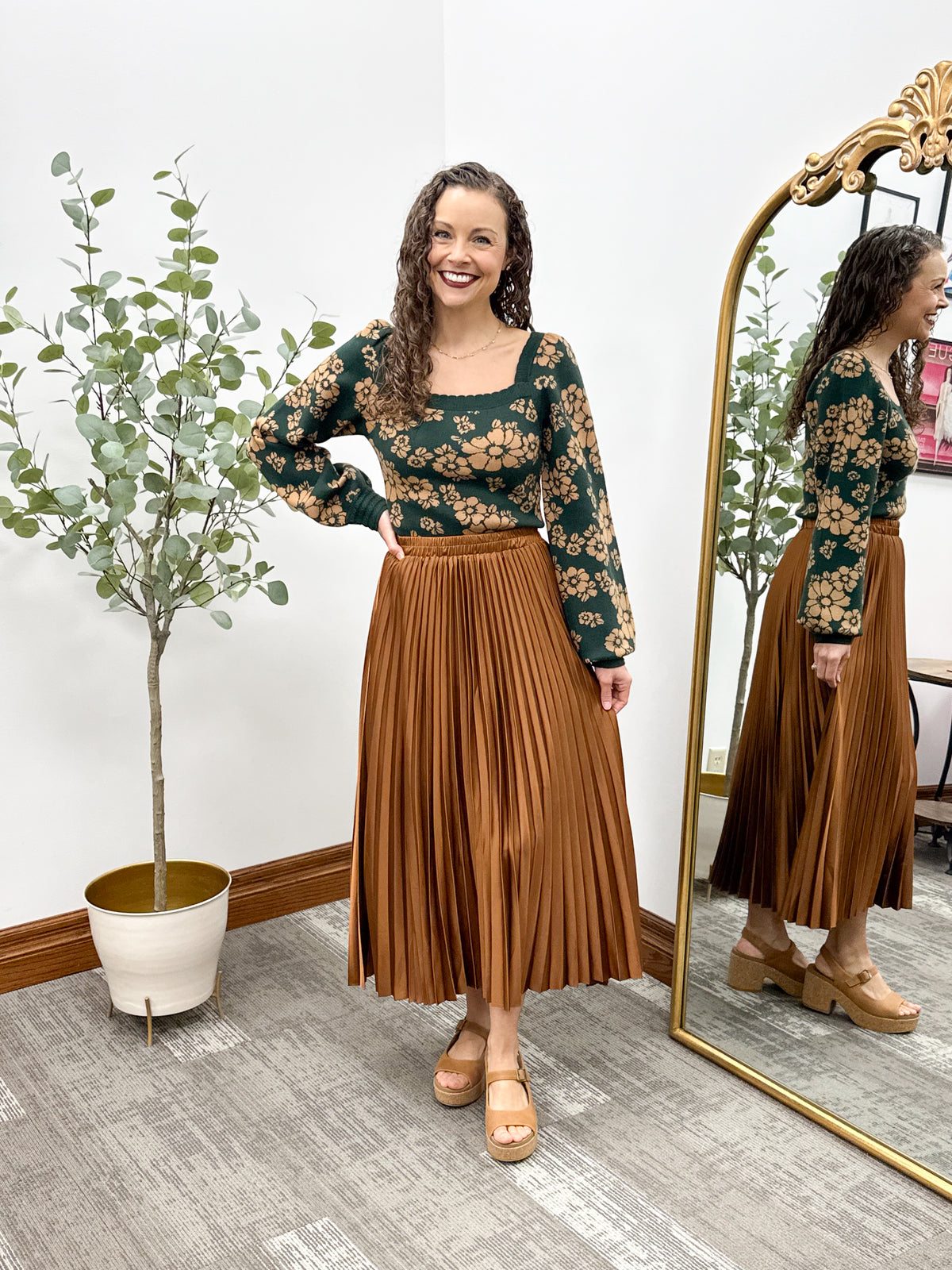 Green & Camel Floral Print Sweater
