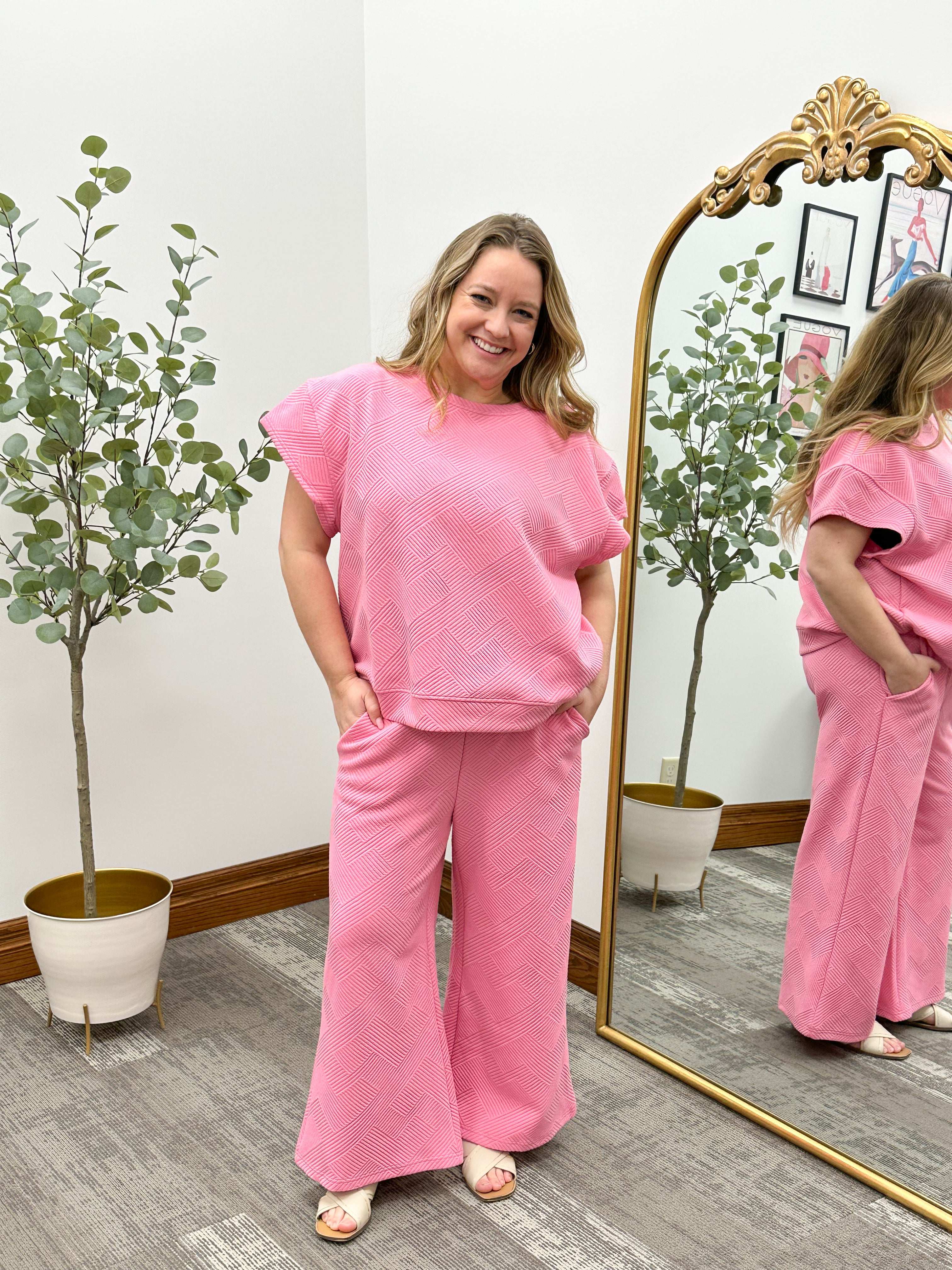 Textured Pink Cap Sleeve Sweatshirt