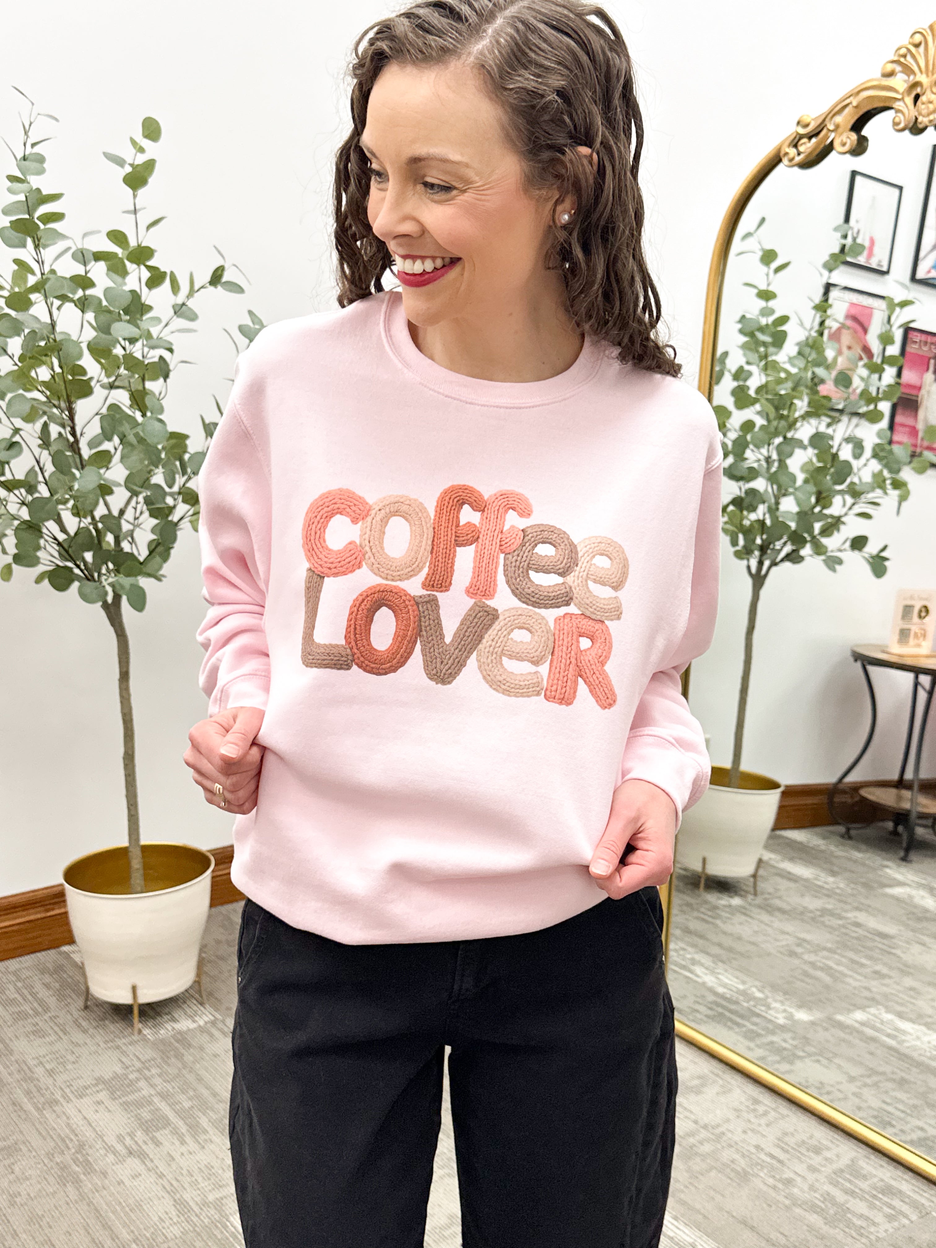 Coffee Lover Knit Yarn Print Pink Crewneck Sweatshirt, Pink Coffee Sweatshirt