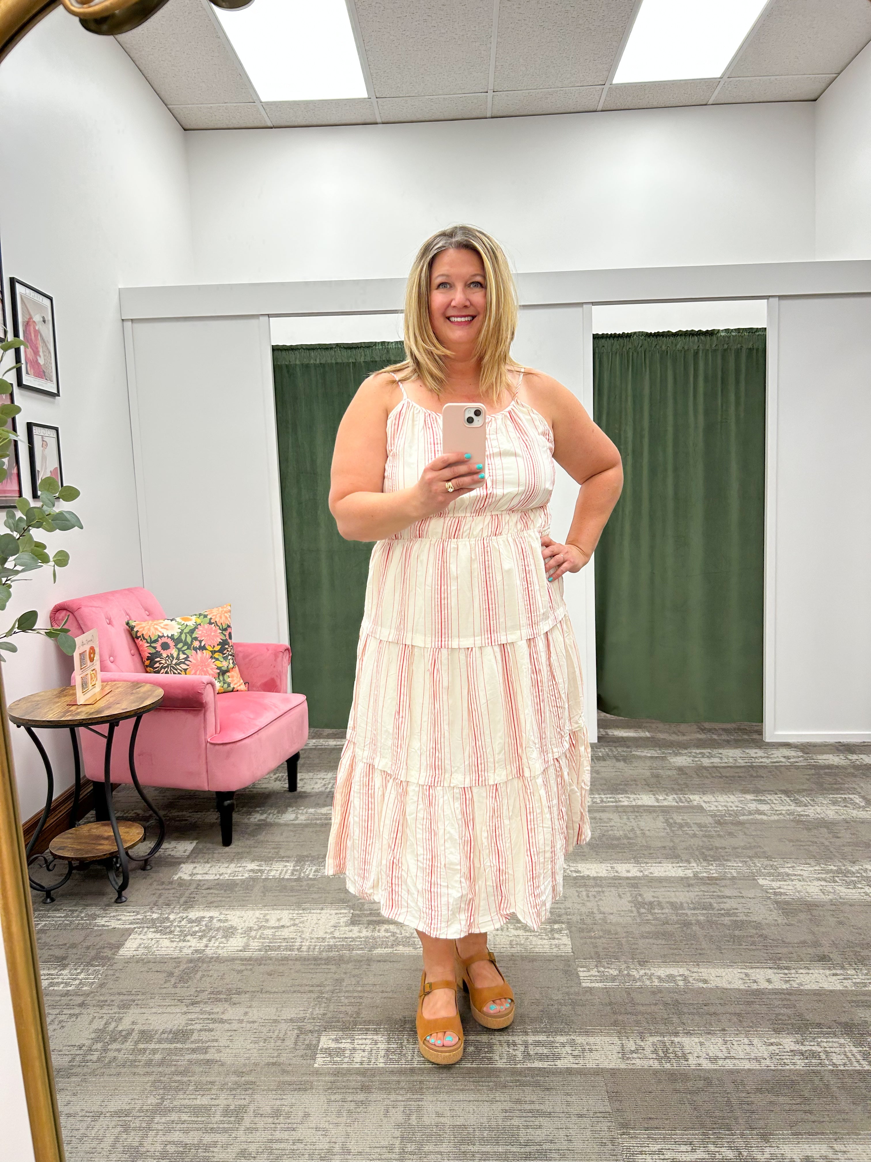 Cream & Red Striped Midi Dress