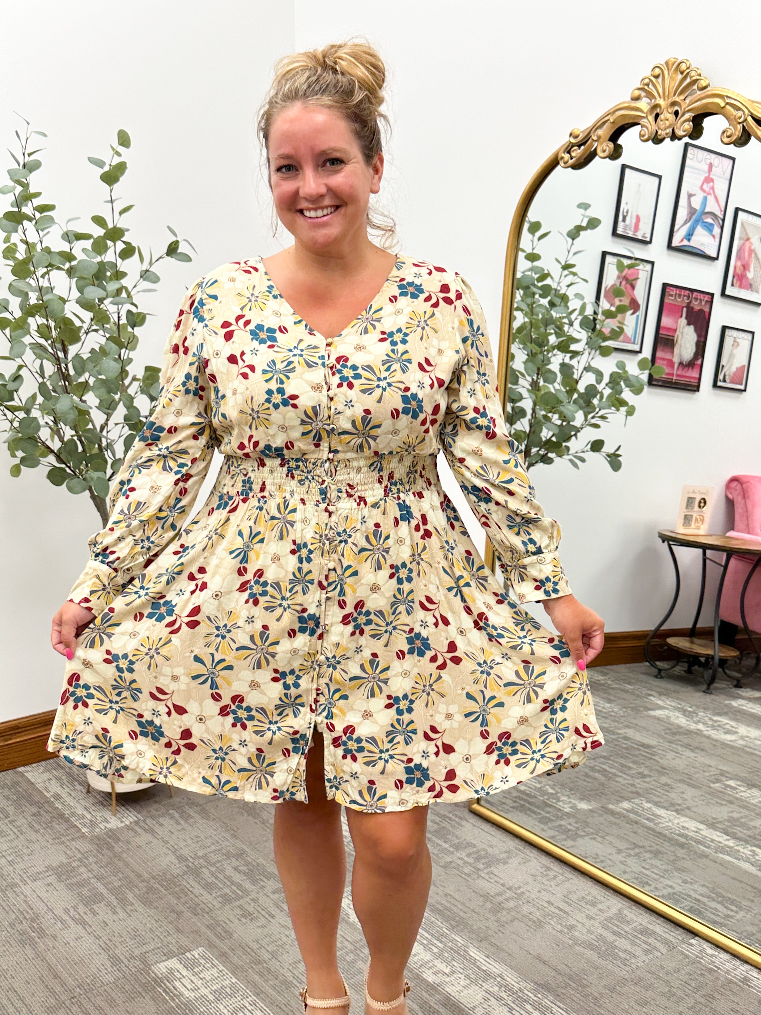 Neutral Fall Floral Print Dress