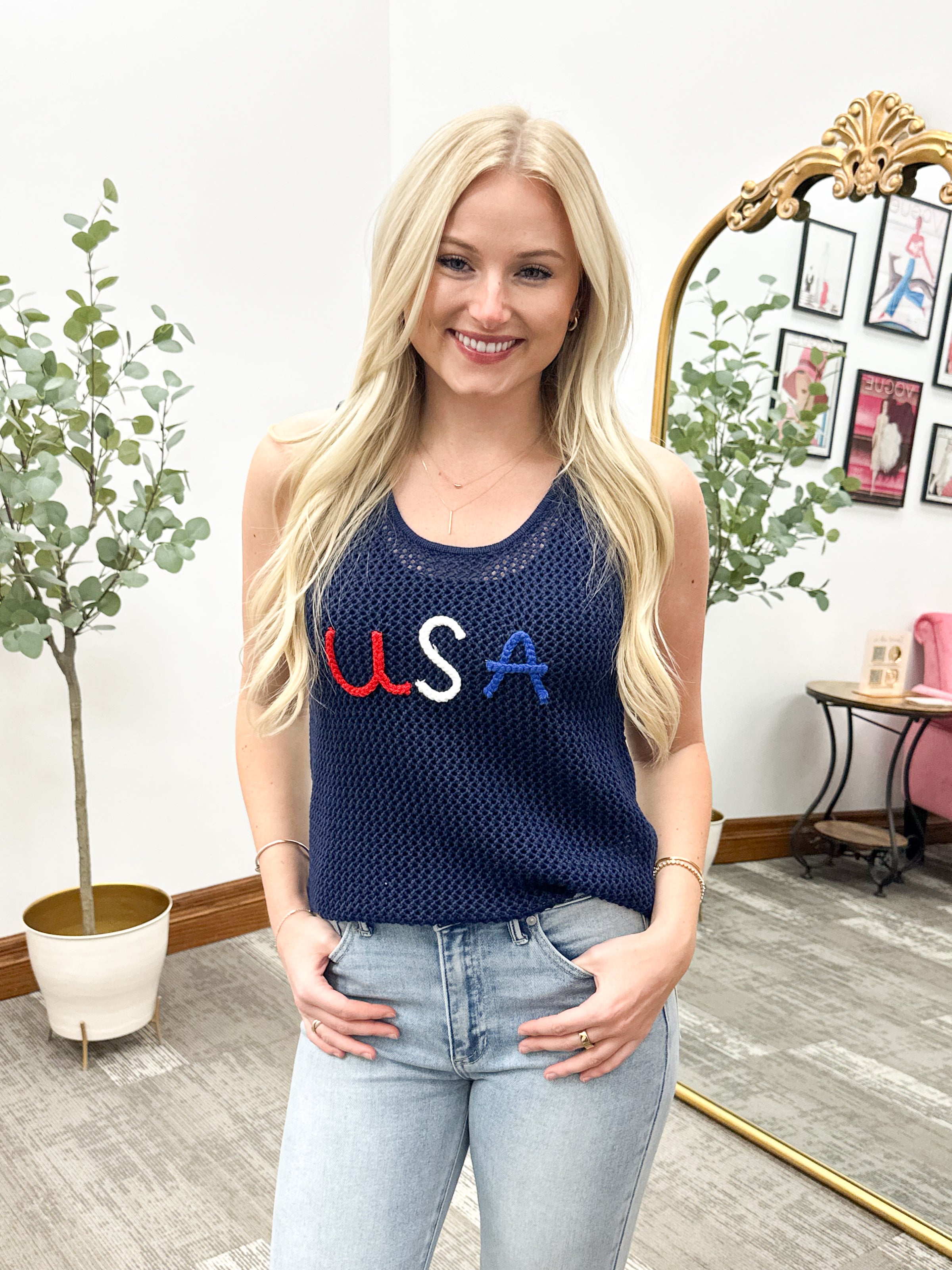 Navy Loose Knit USA Sweater Tank, 4th of July Tank Top, USA tank top