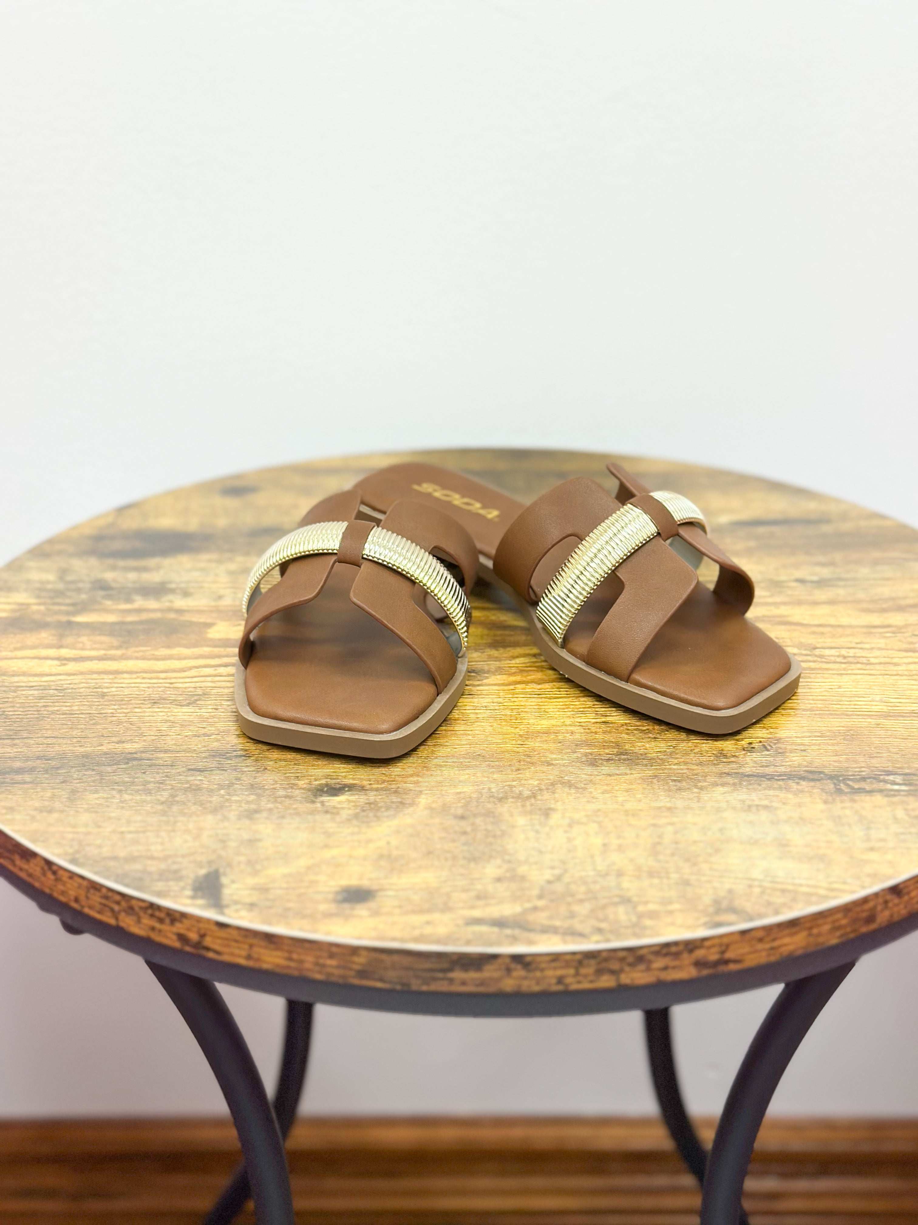 Lita Brown & Gold Flat Sandals