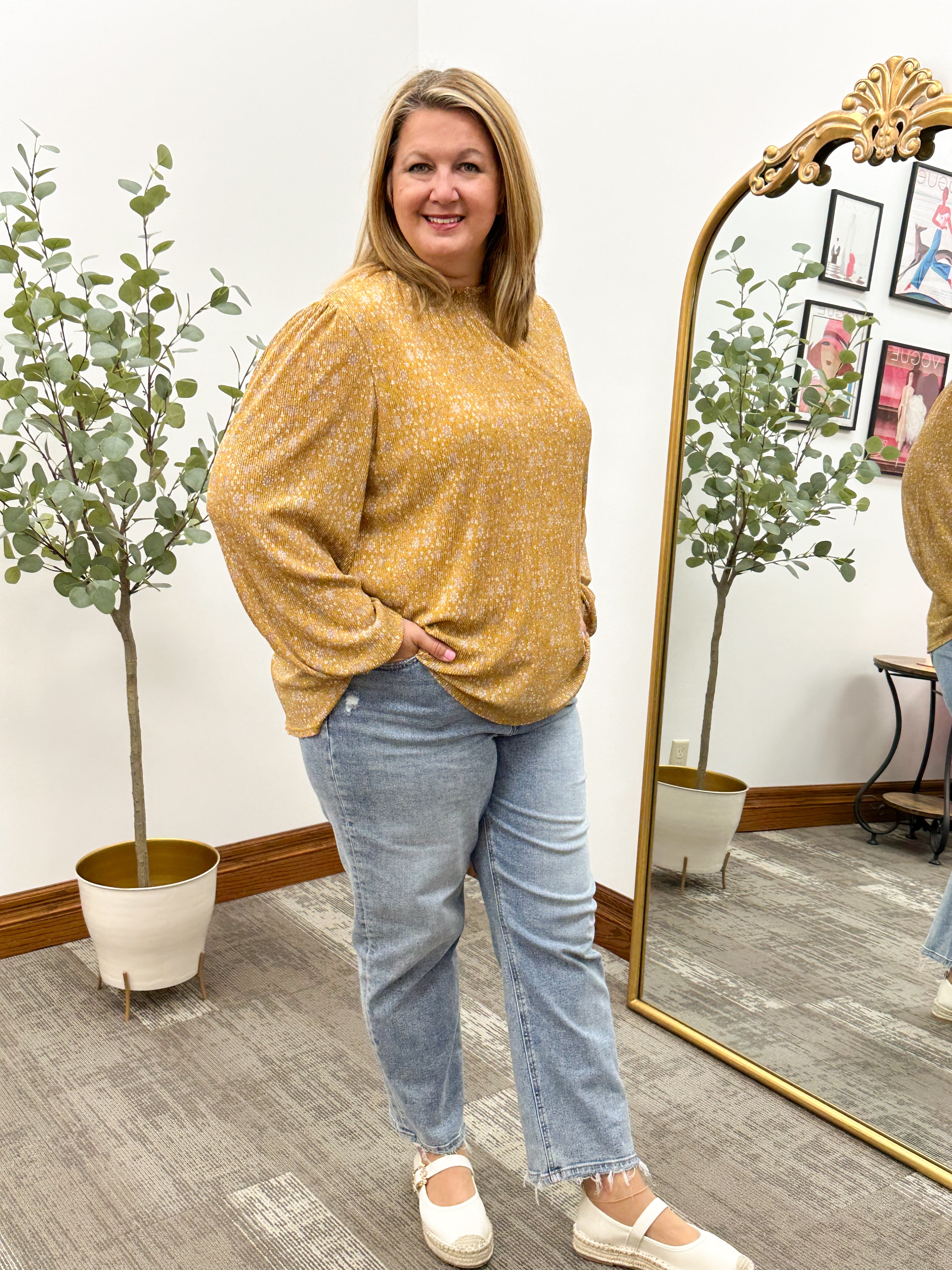 Floral Mustard Pleated Blouse