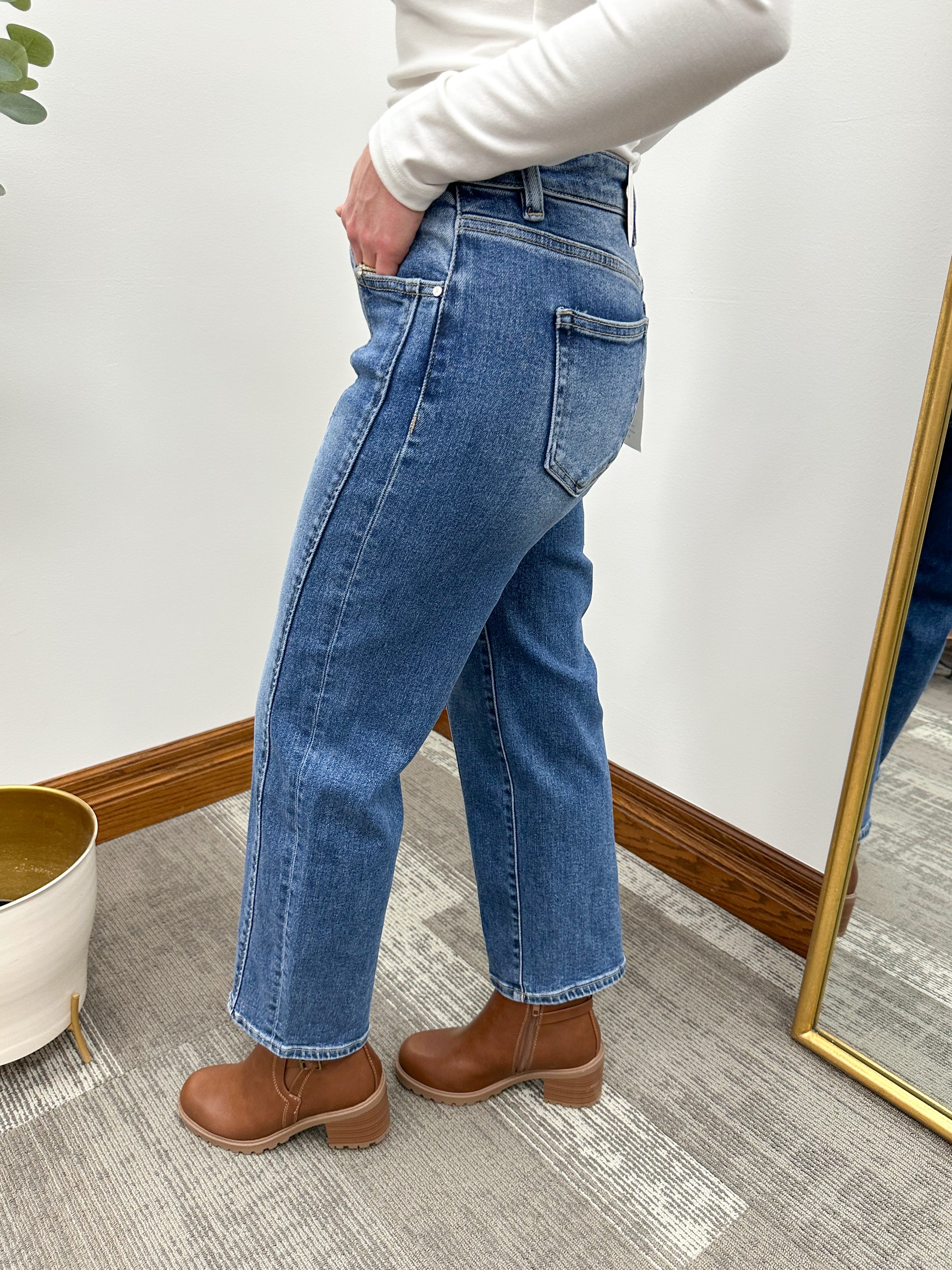 Dark Wash High Rise Crop Straight Jeans