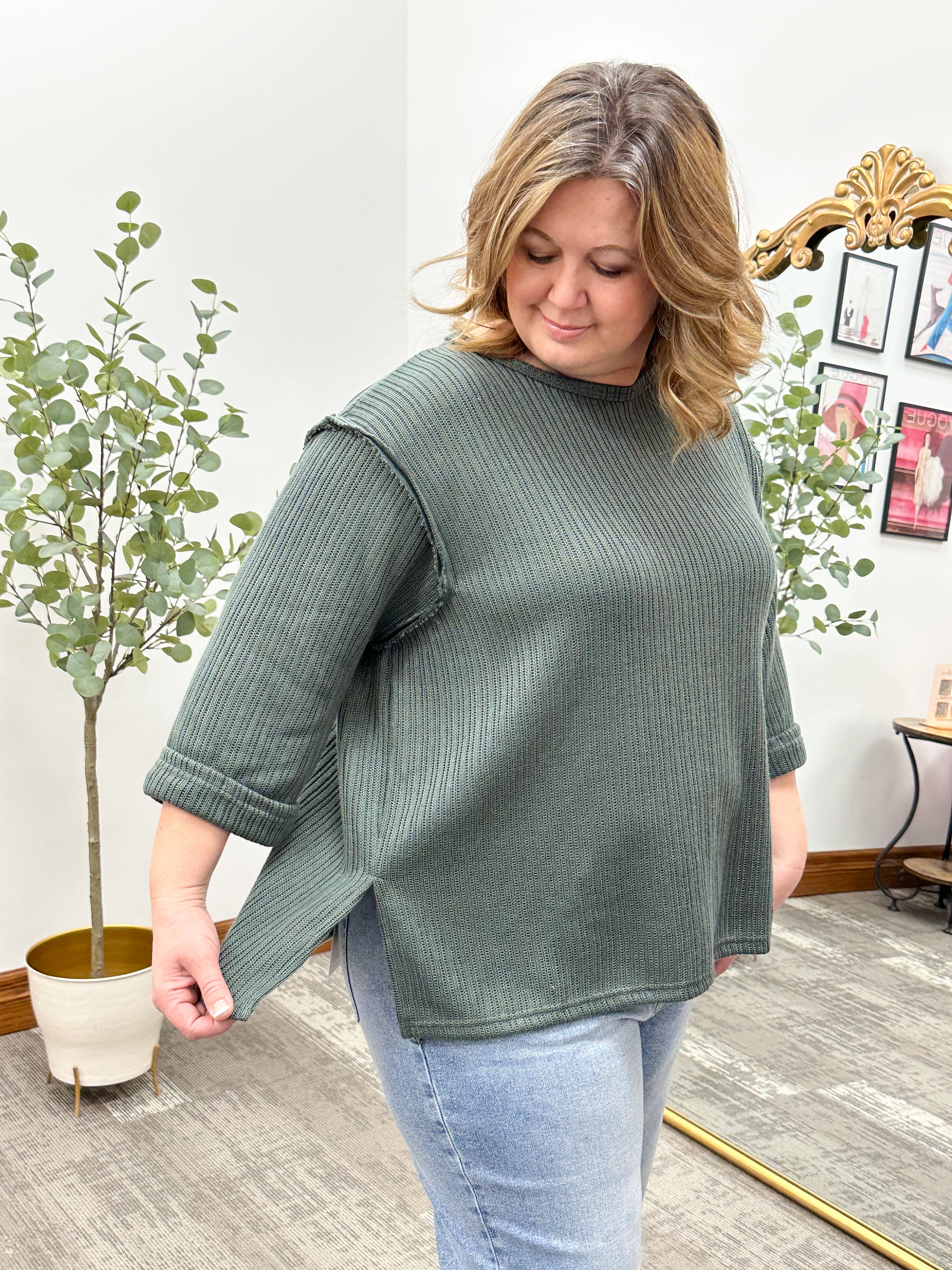 Oversized 3/4 Sleeve Dark Teal Knit Top