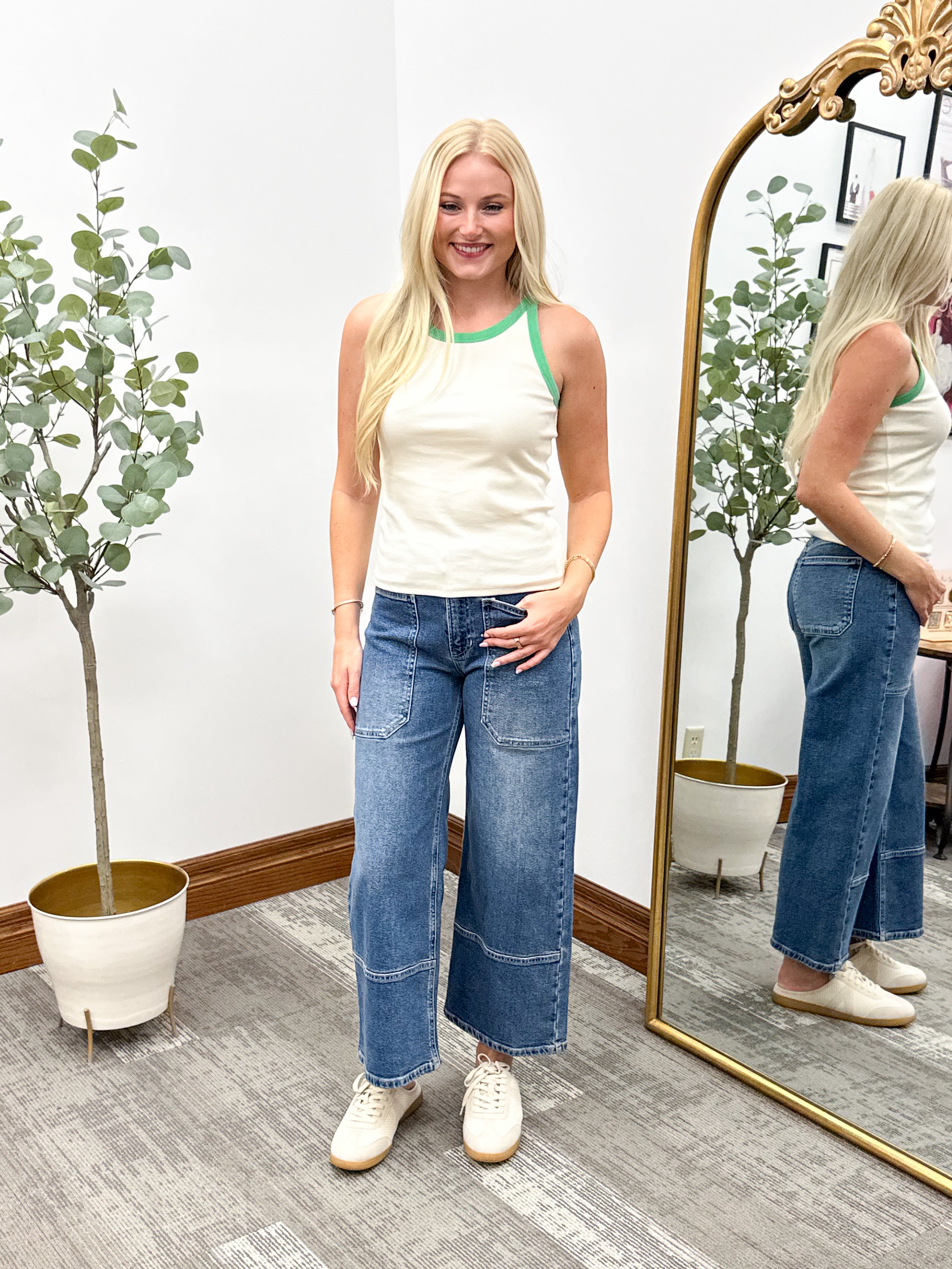 Cream & Green Ribbed Tank