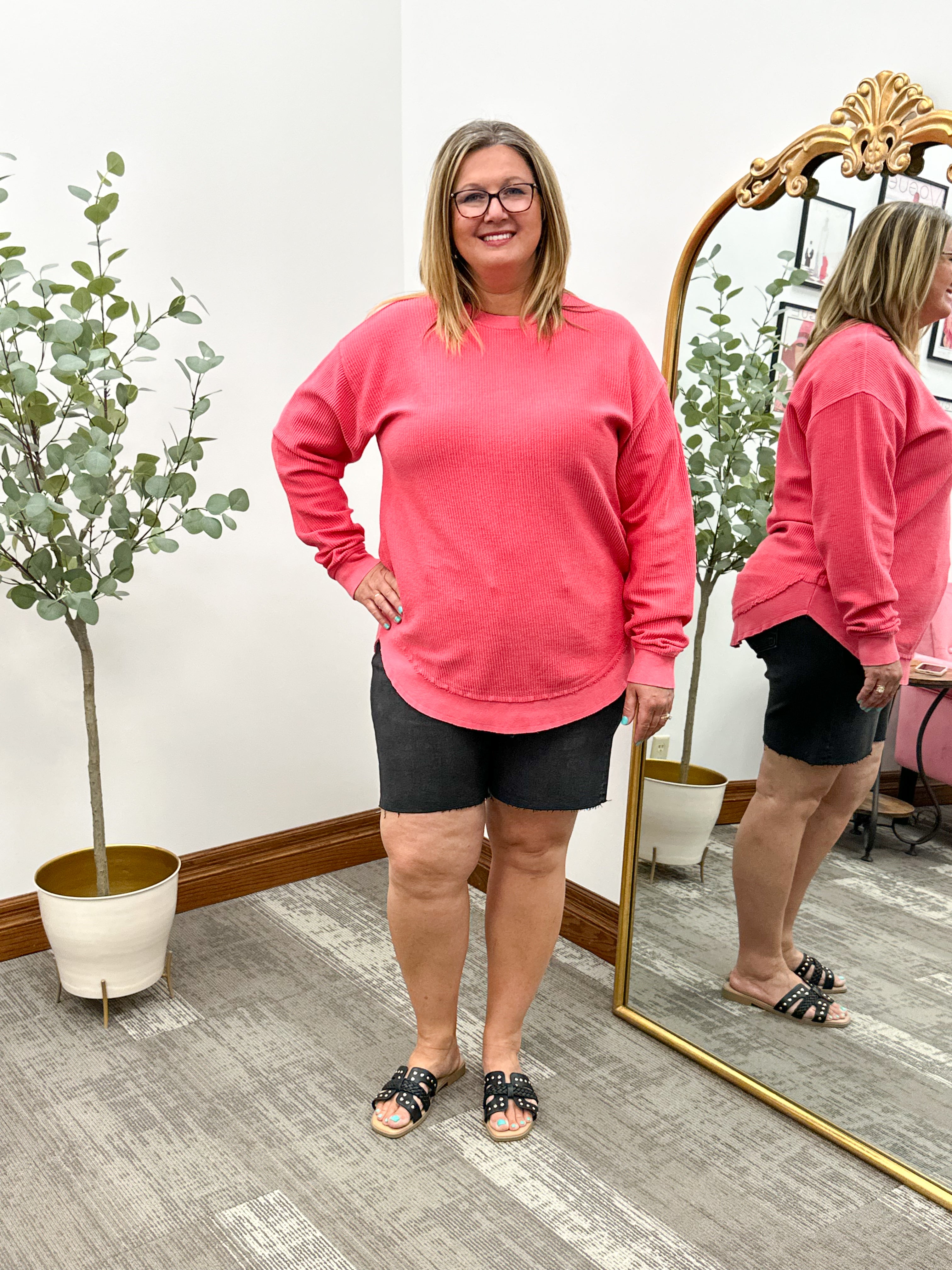 Berry Rounded Hem Corded Crewneck