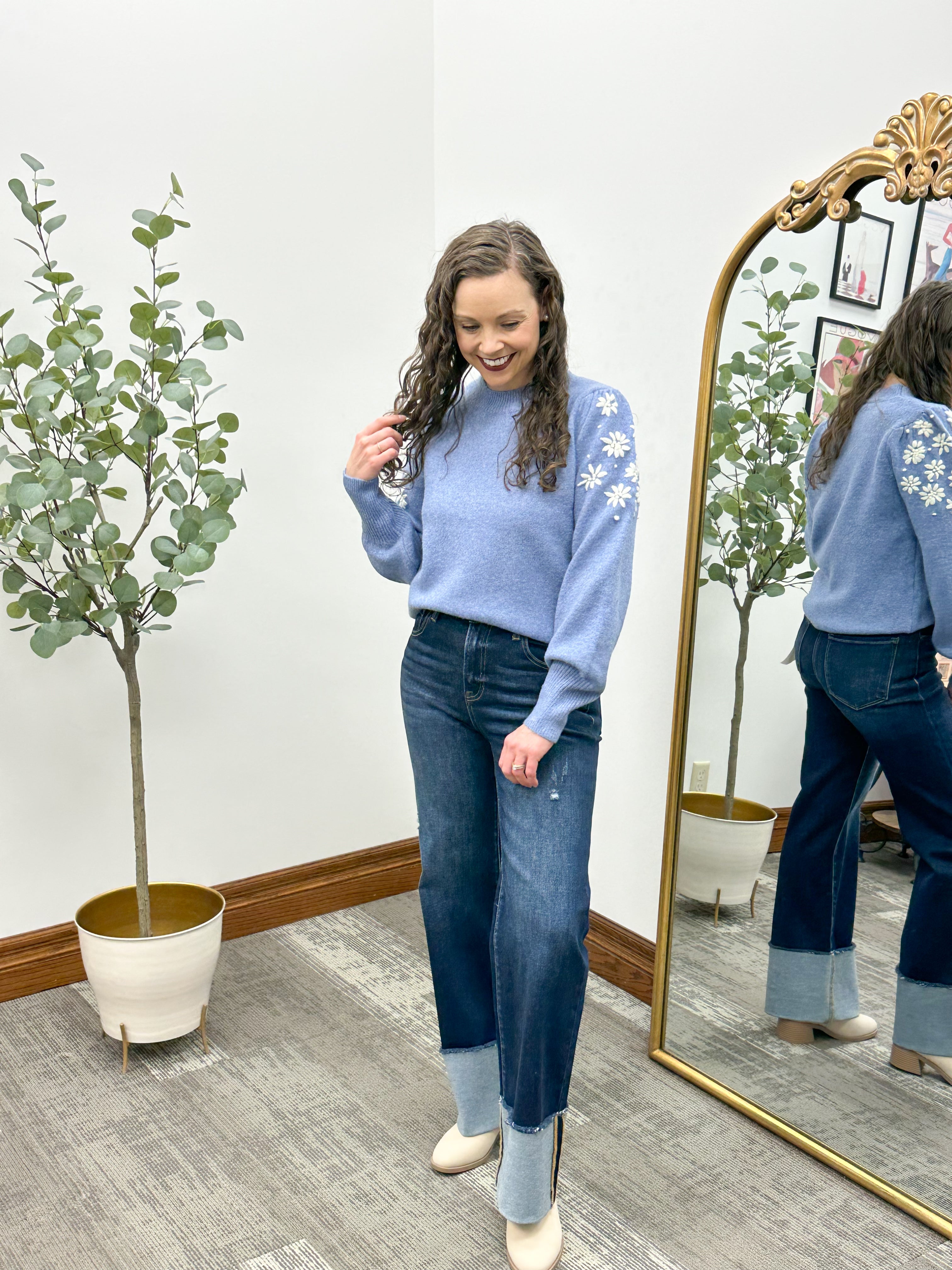 Floral Embroidered Sleeve Sweater