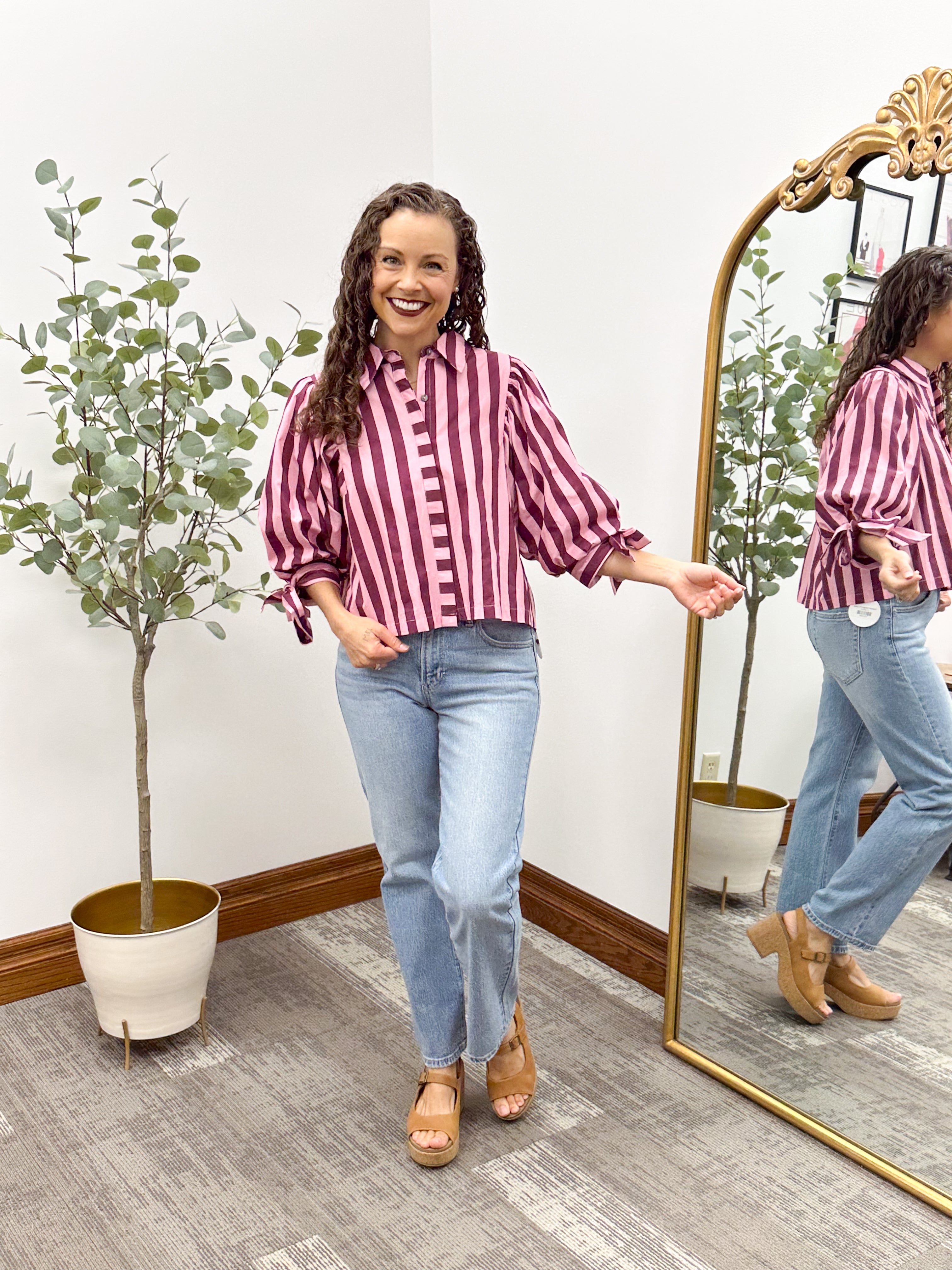 Tie Sleeve Striped Button Up Blouse