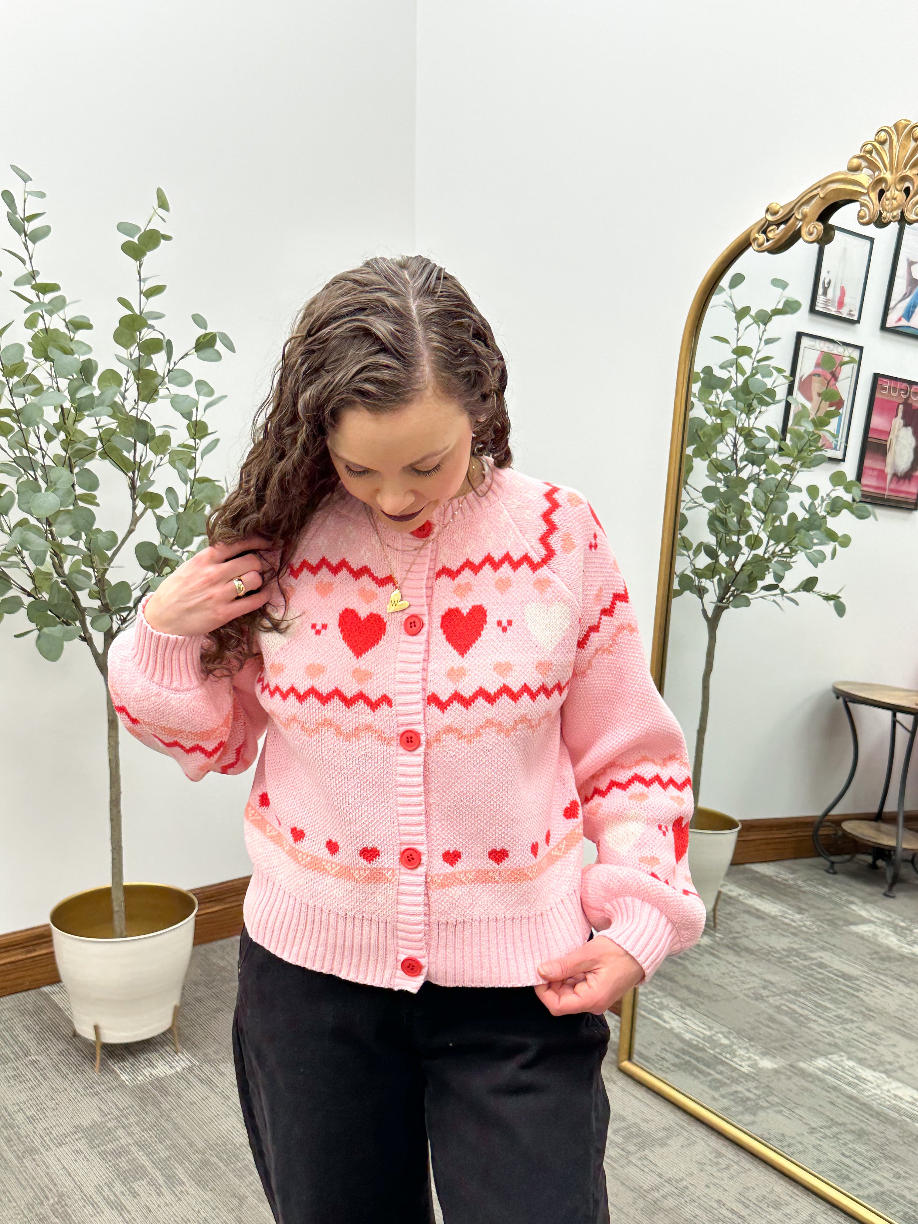 Pink Heart Print Cardigan