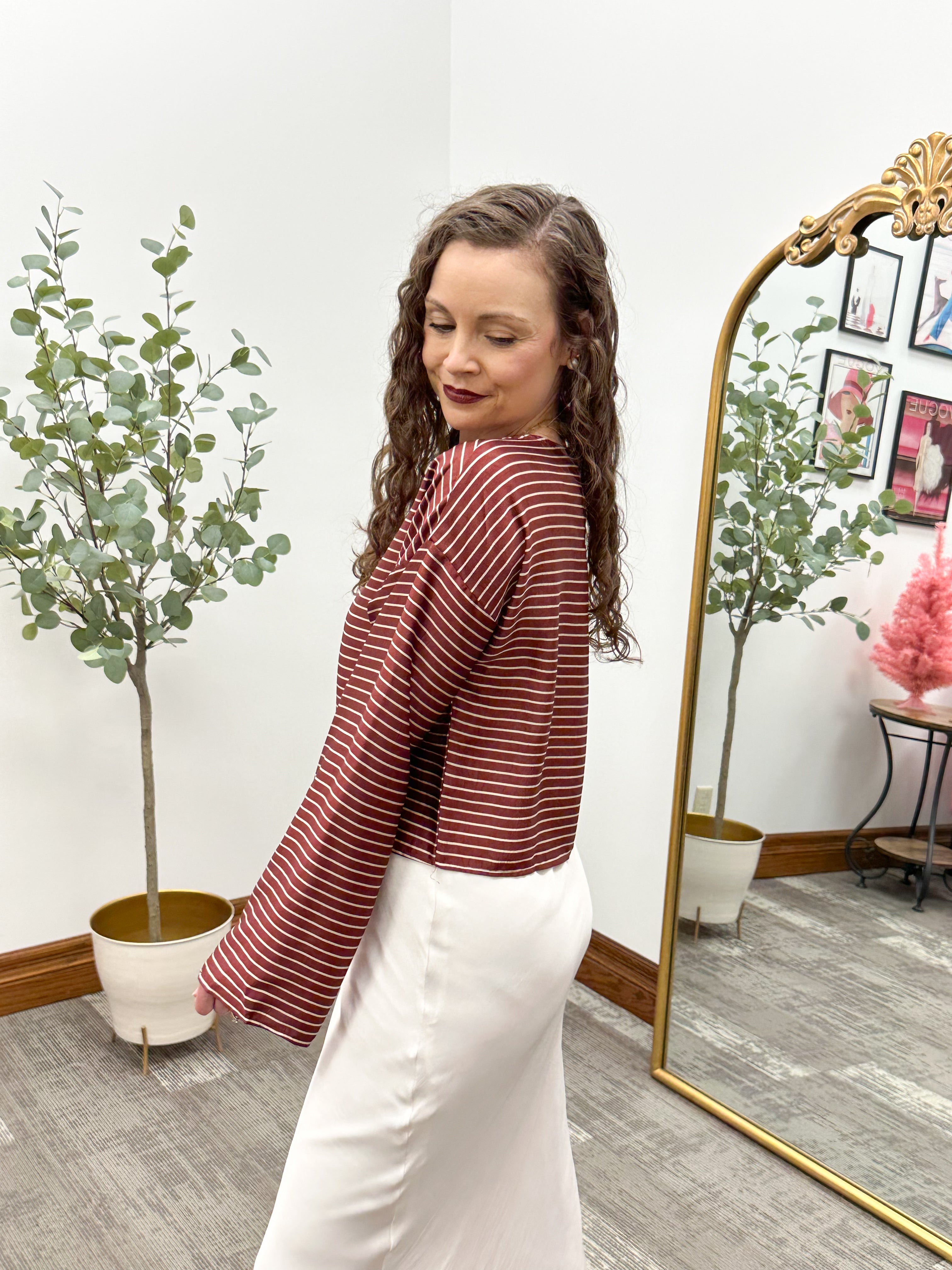 Burgundy & Cream Striped Cropped Blouse