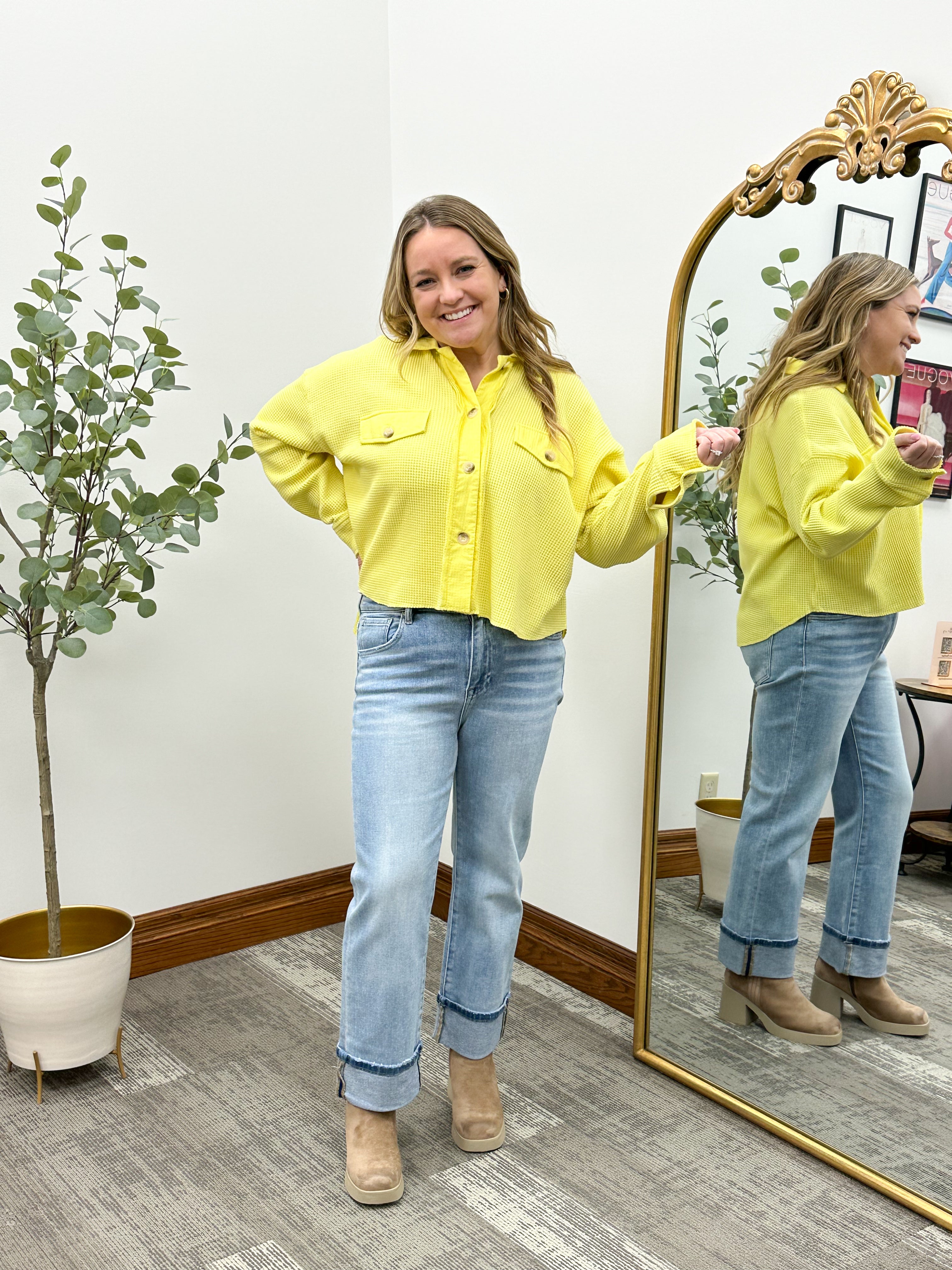 Yellow Waffle Knit Cropped Shacket