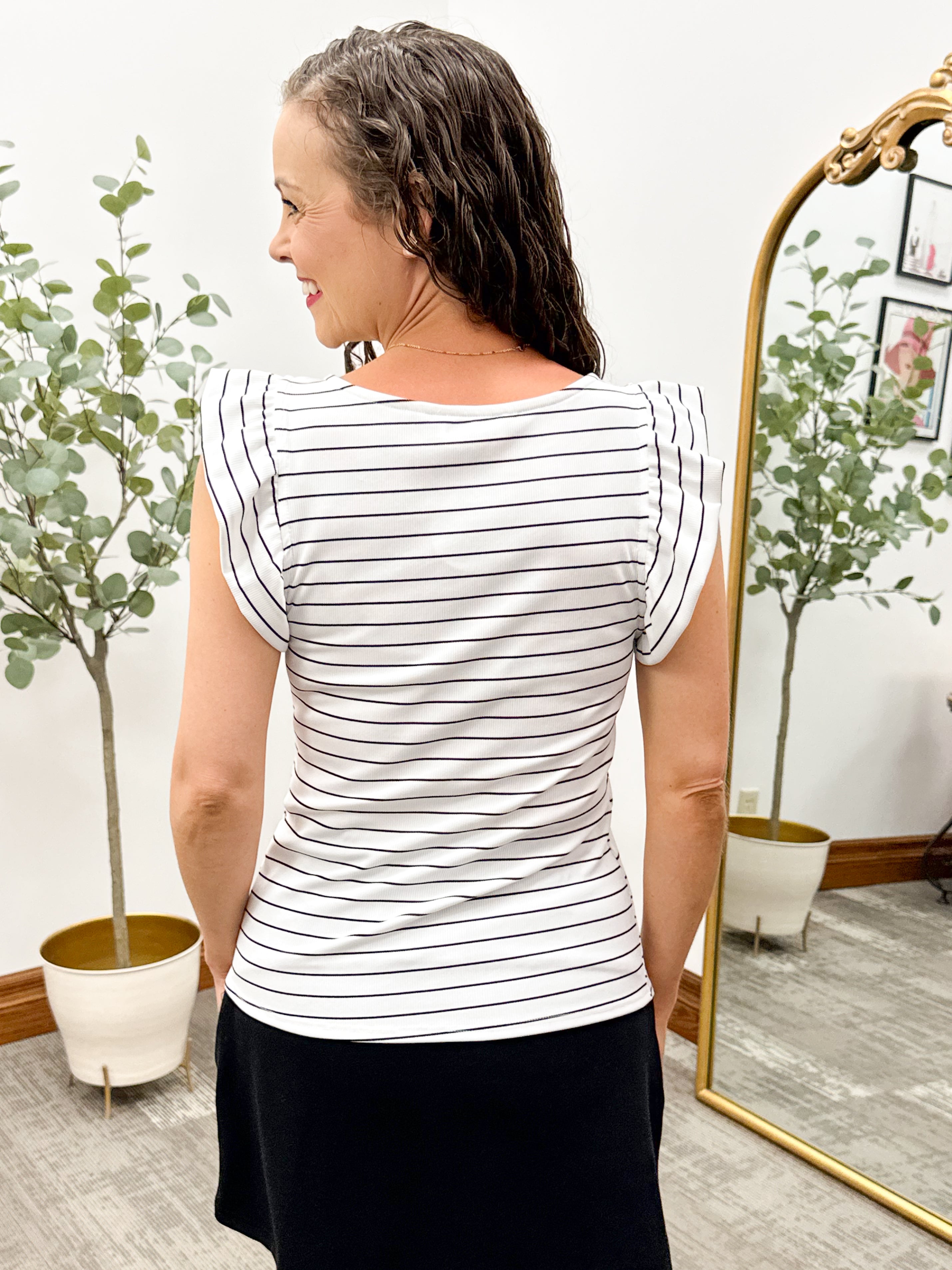 Black & White Striped Ruffle Sleeve Top
