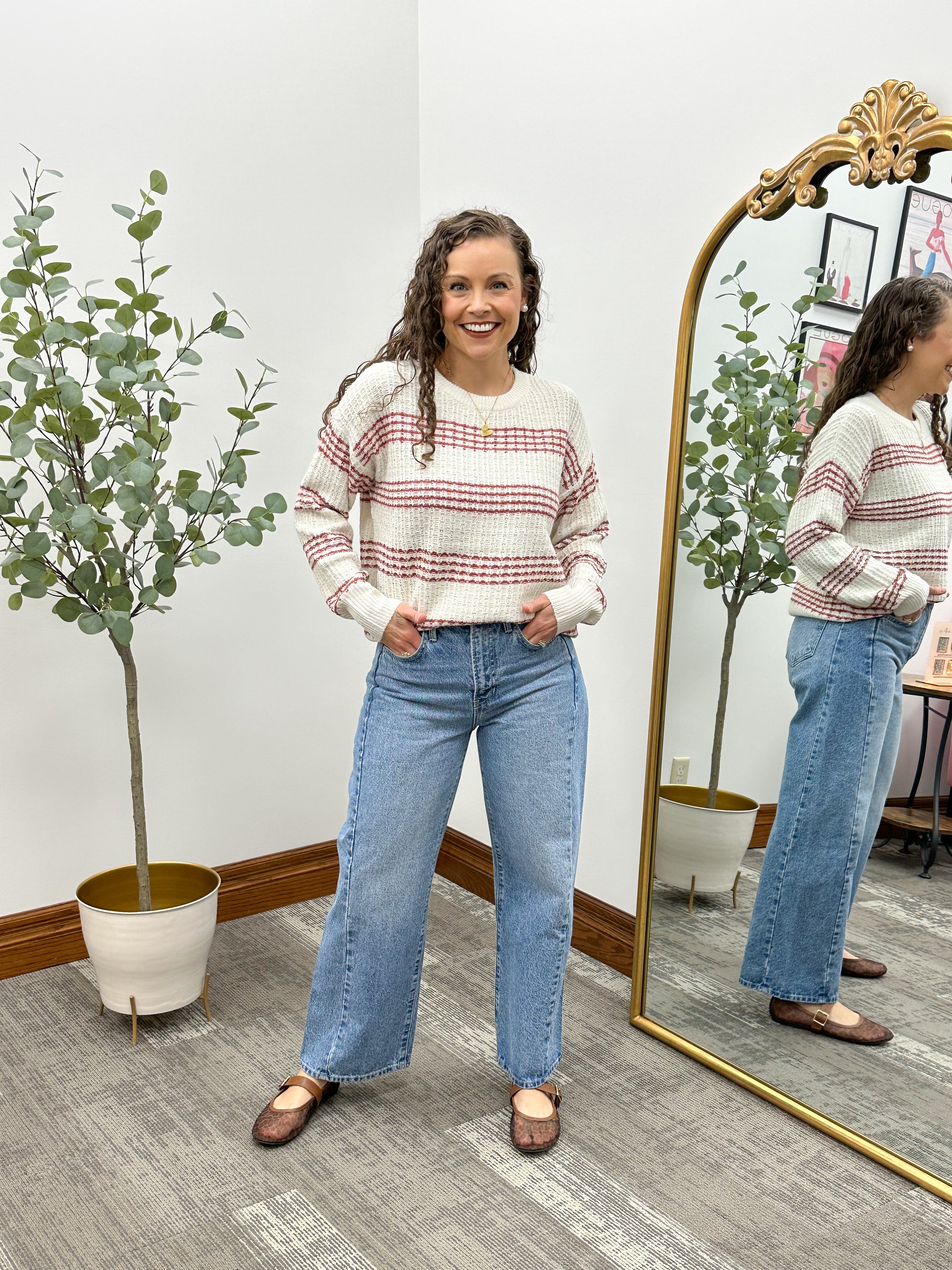 Cream & Red Striped Textured Sweater