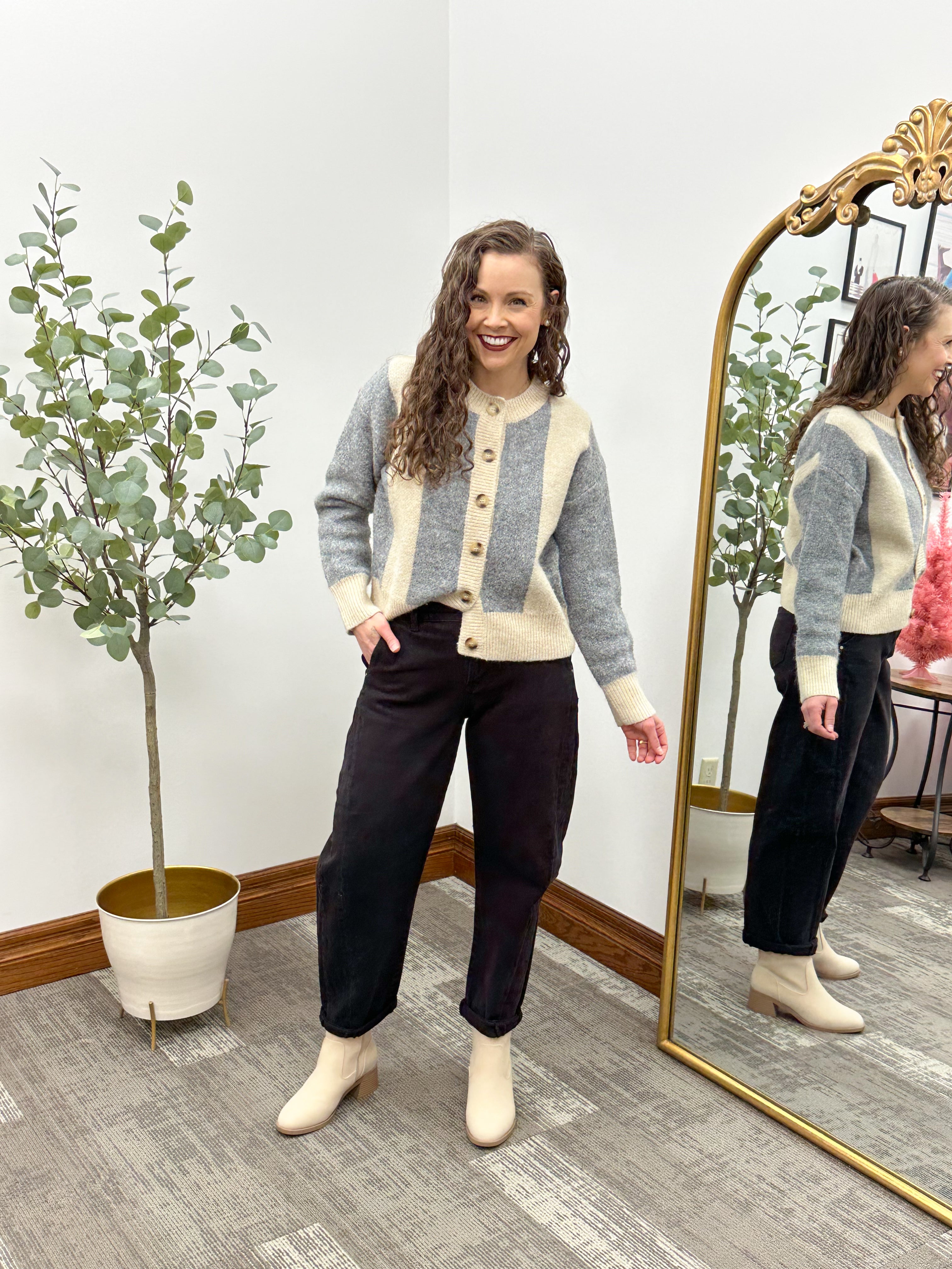 Beige & Gray Vertical Striped Cardigan