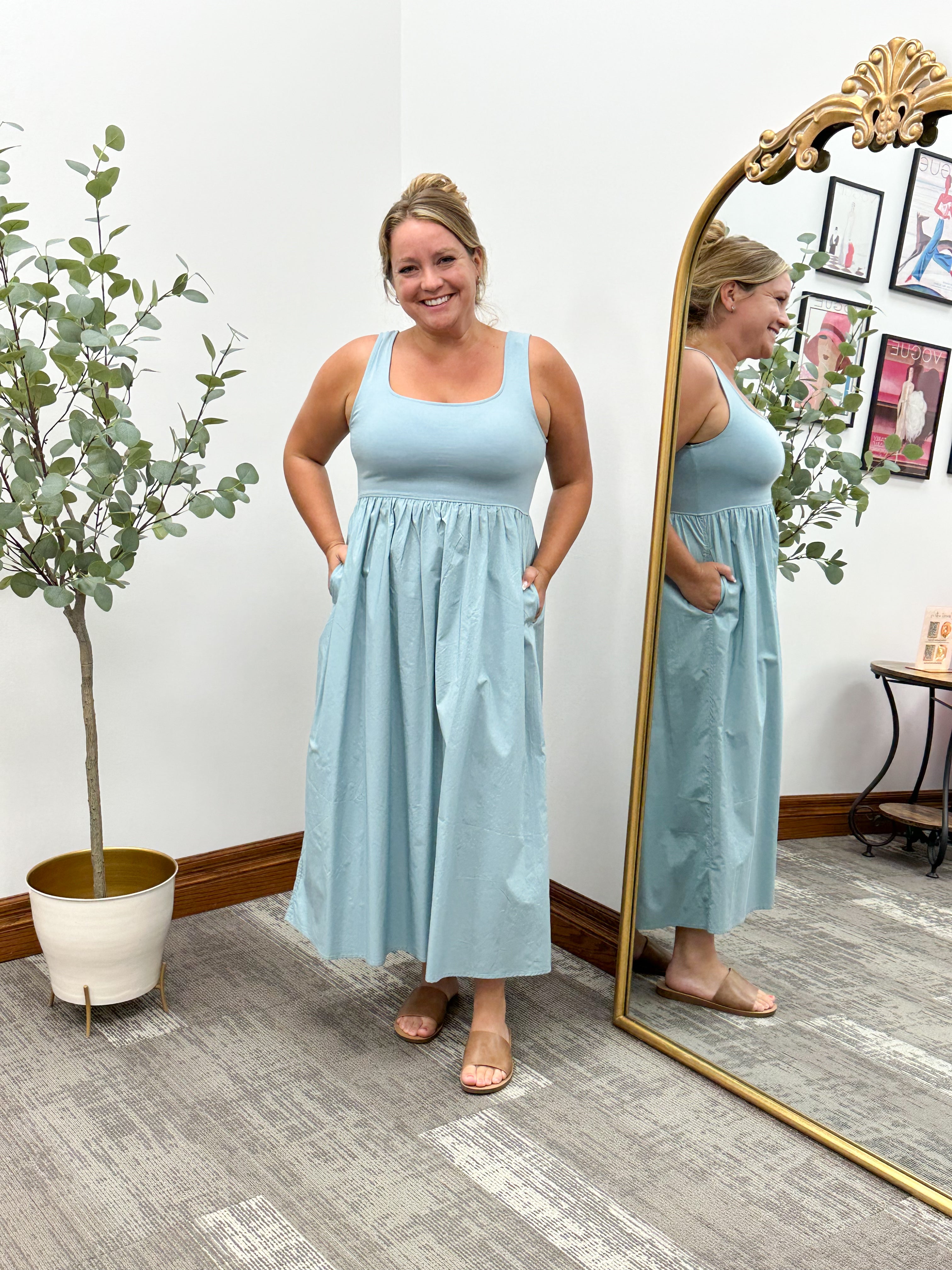 Dusty Blue Poplin Skirt Midi Dress With Pockets