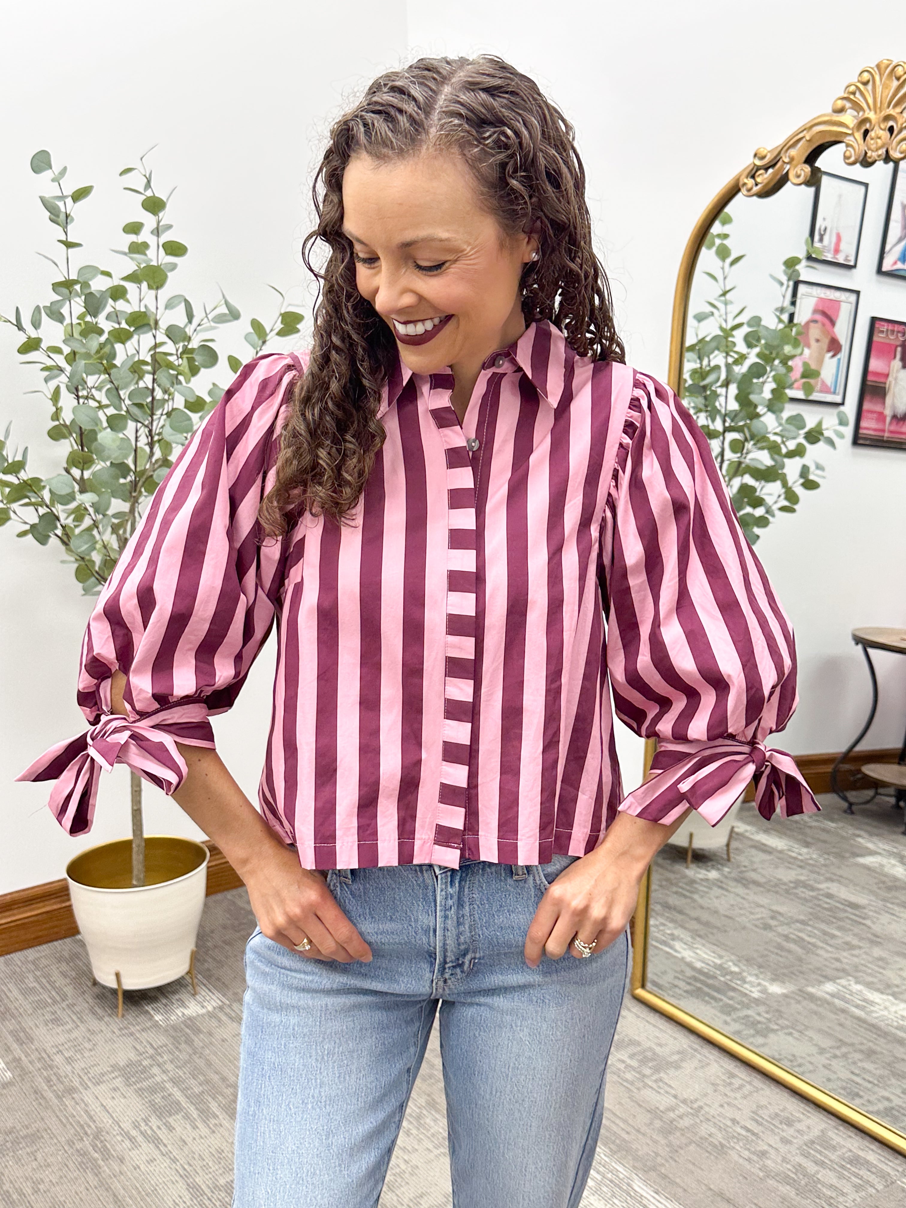 Tie Sleeve pink & burgundy Striped Button Up Blouse, Entro blouse